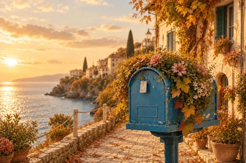 Cassetta della posta tra i fiori affacciata sul mare