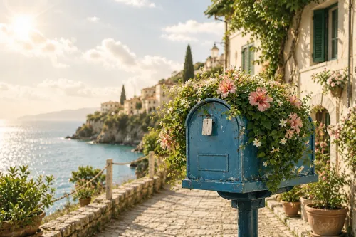 Cassetta della posta tra i fiori affacciata sul mare
