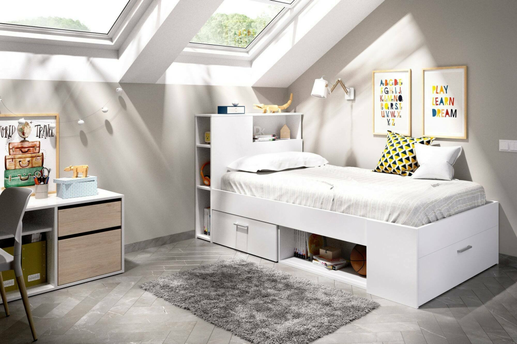 Letto per bambini cassetti e scaffale bianco adrielle