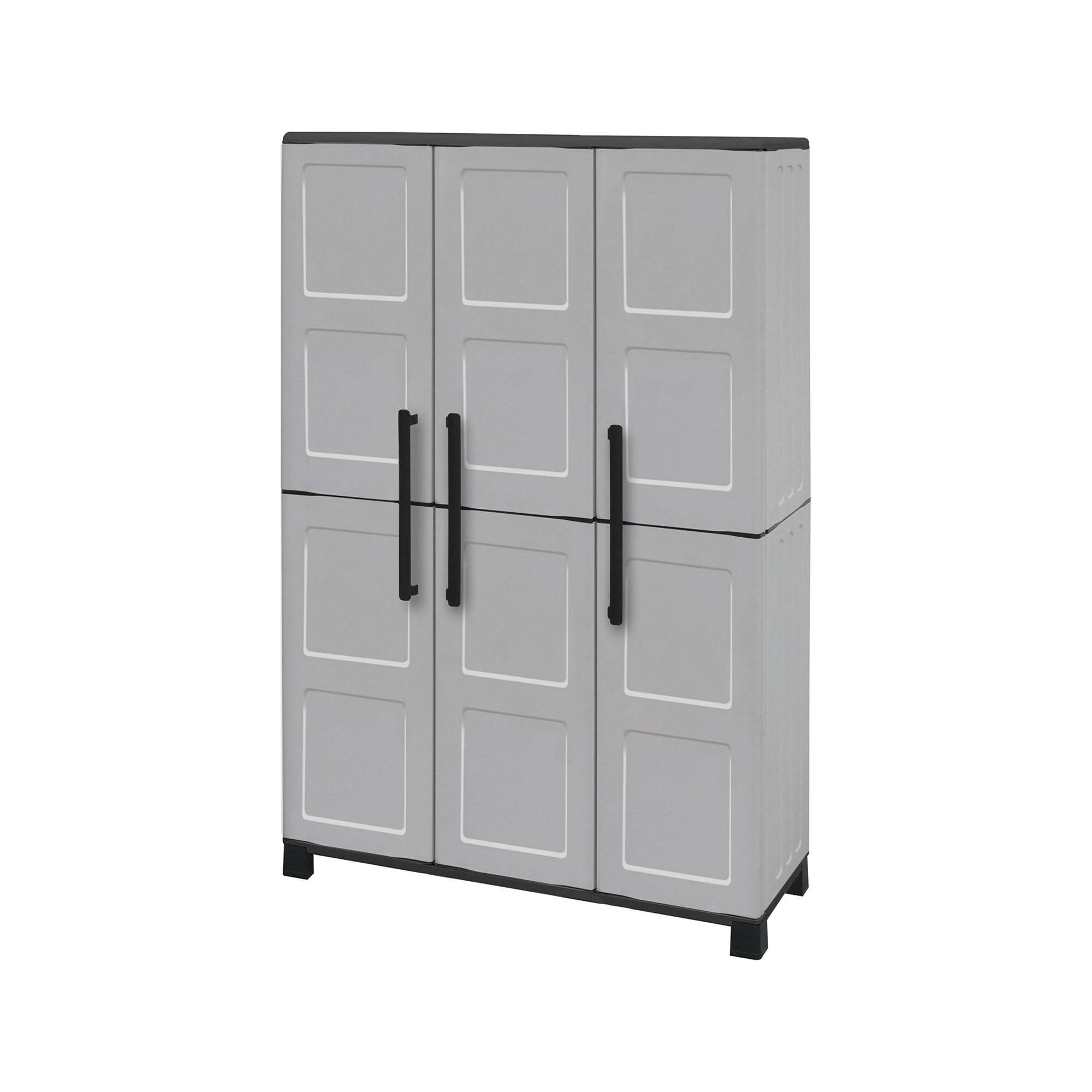 Armadio da esterno Nandrin, Mobile porta scope, Armadietto da esterno 3 ante, 100% Made in Italy, 102x37h169 cm, Grigio chiaro e Nero Finitura quadri
