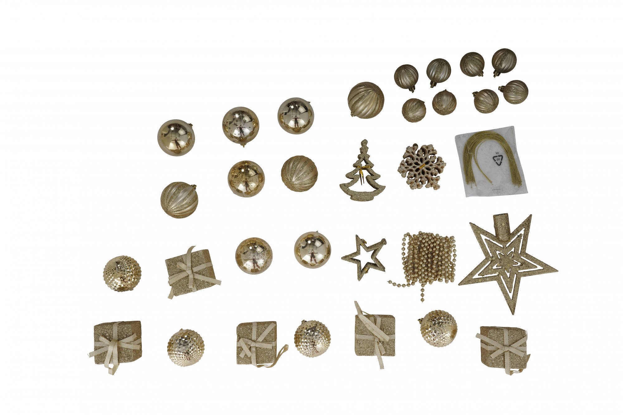 Box 50 pezzi decorazioni natalizie multi-forma, Ornamenti e Puntale, Set assortimento palline di Natale, Scatola set albero di Natale, Da 4 a 7 cm, colore Oro