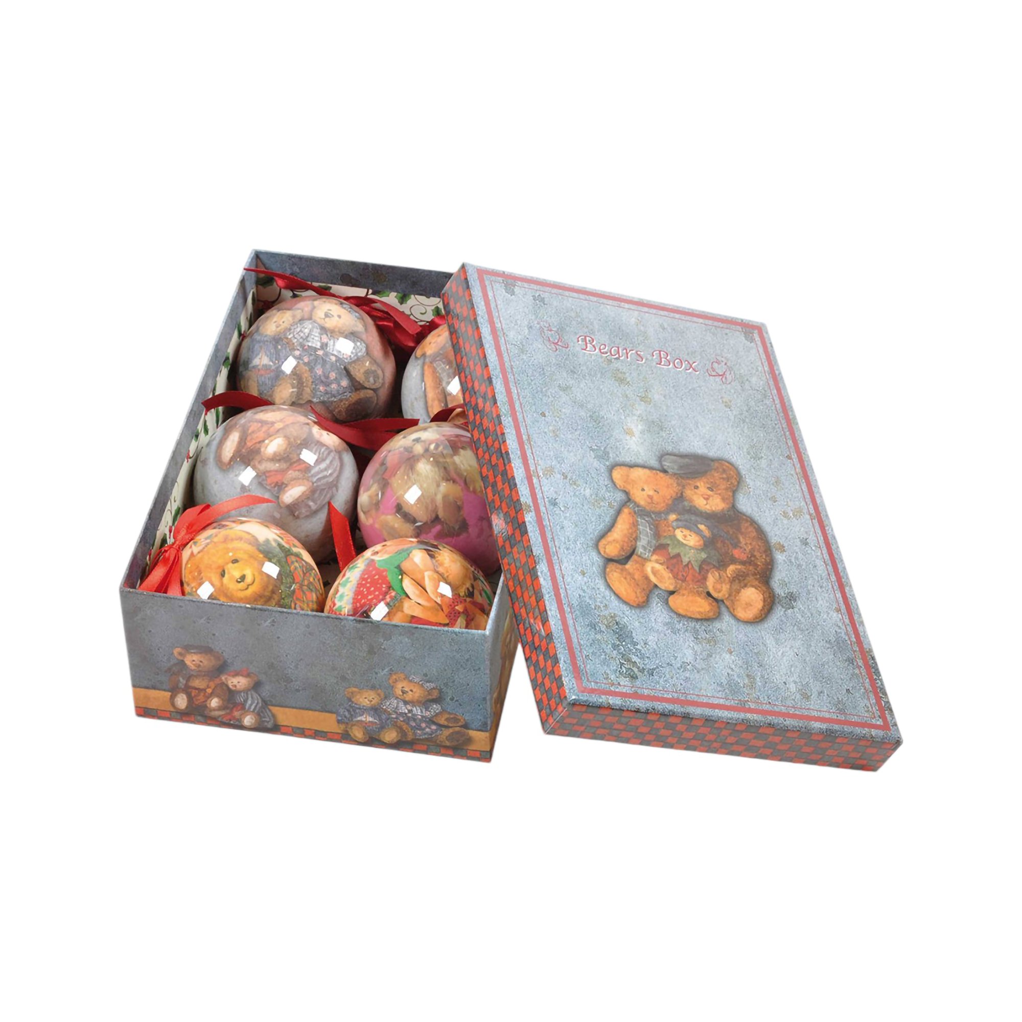 Box 6 sfere natalizie, Ornamenti fantasia orsetti, Set assortimento palline di Natale, Scatola set albero di Natale, Diametro 7,5 cm, multicolor