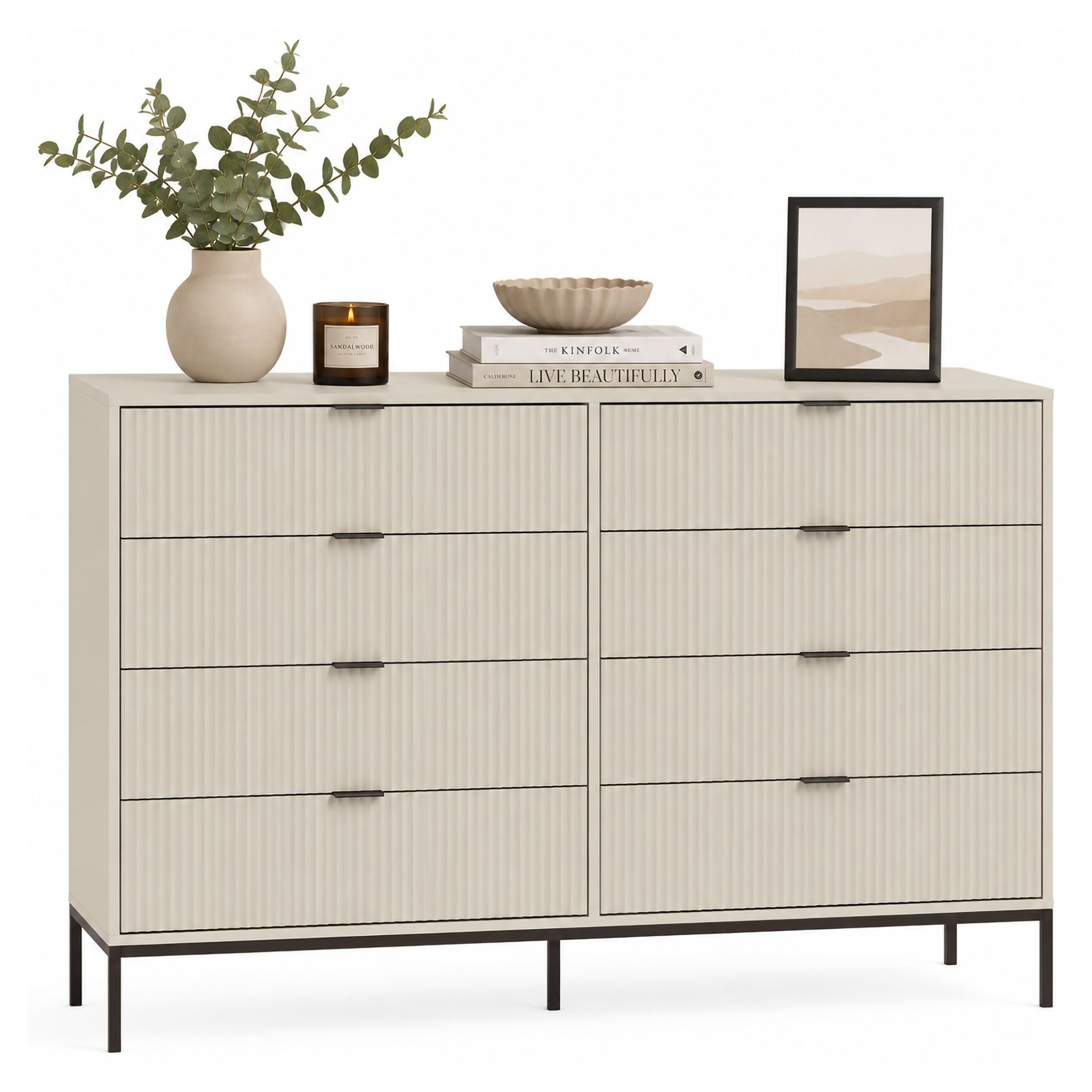 Cassettiera Beige Cashmere 8 Cassetti Apertura Scorrevole 150x40x116h cm, Chiusura Soft Close - Lamila