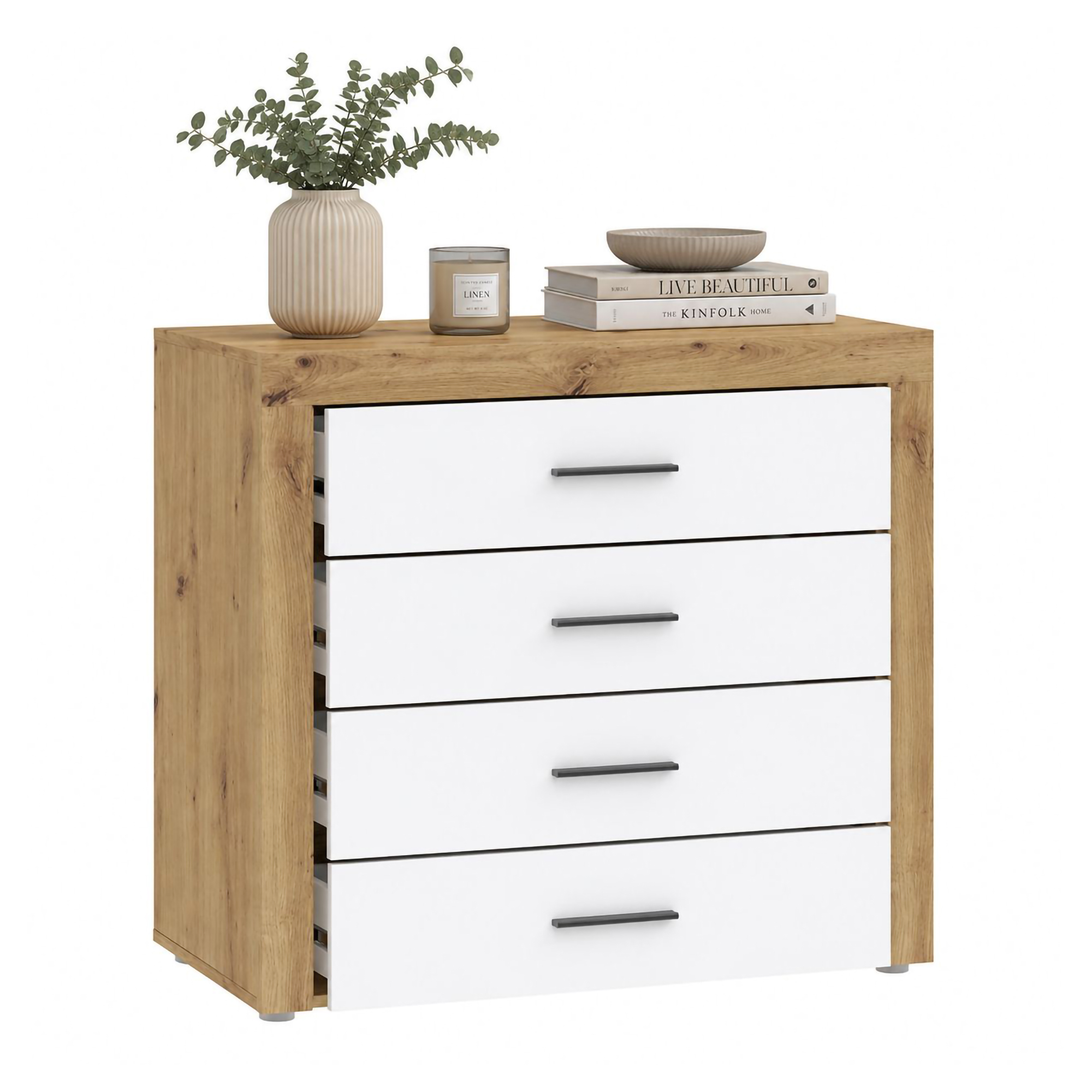 Cassettiera Marrone Rovere Bianco 4 Cassetti Apertura Scorrevole 95x42x88h cm, Chiusura Scorrevole - Lematare
