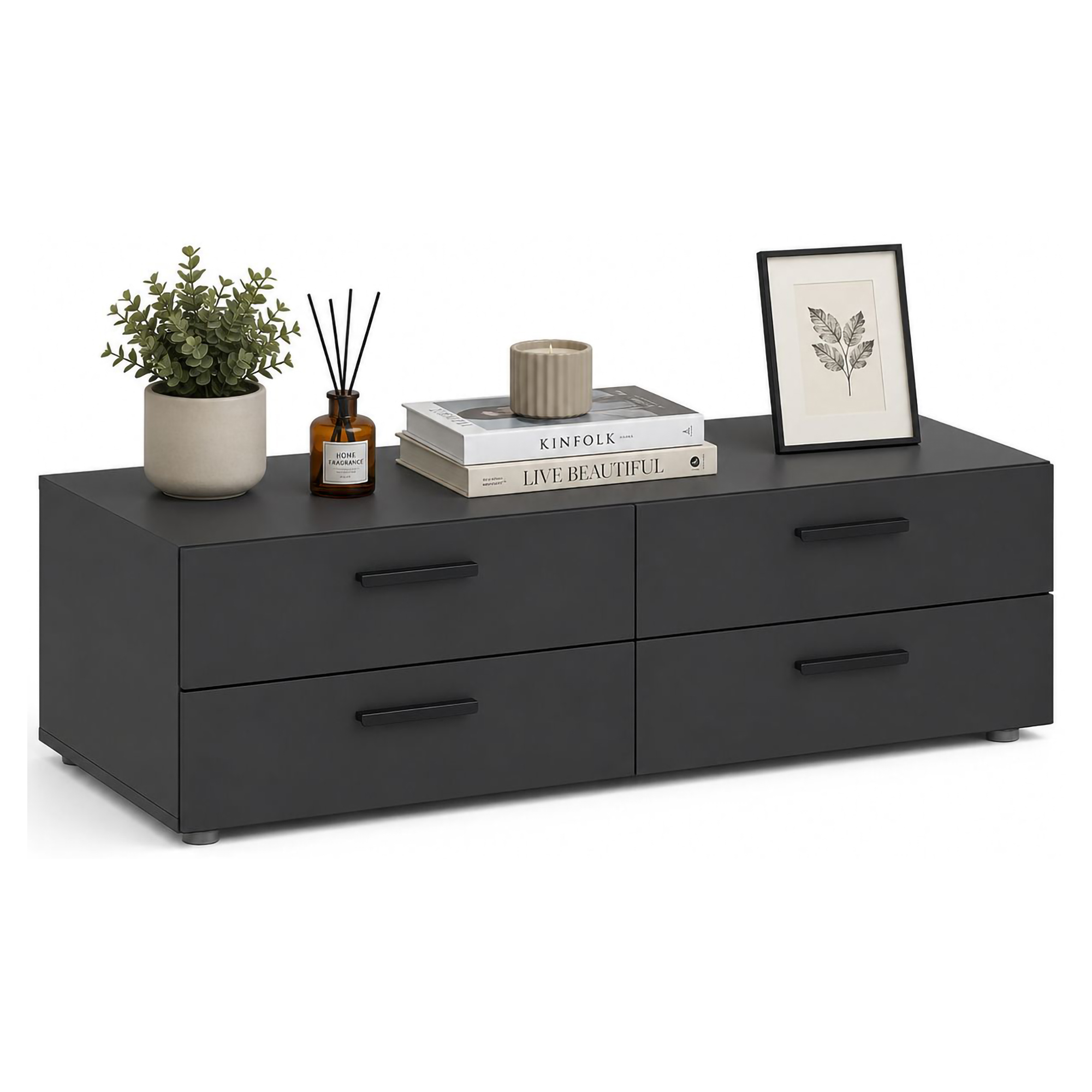 Cassettiera Nero Antracite 4 Cassetti Apertura Scorrevole 111x52x35h cm, Chiusura Scorrevole - Gignod