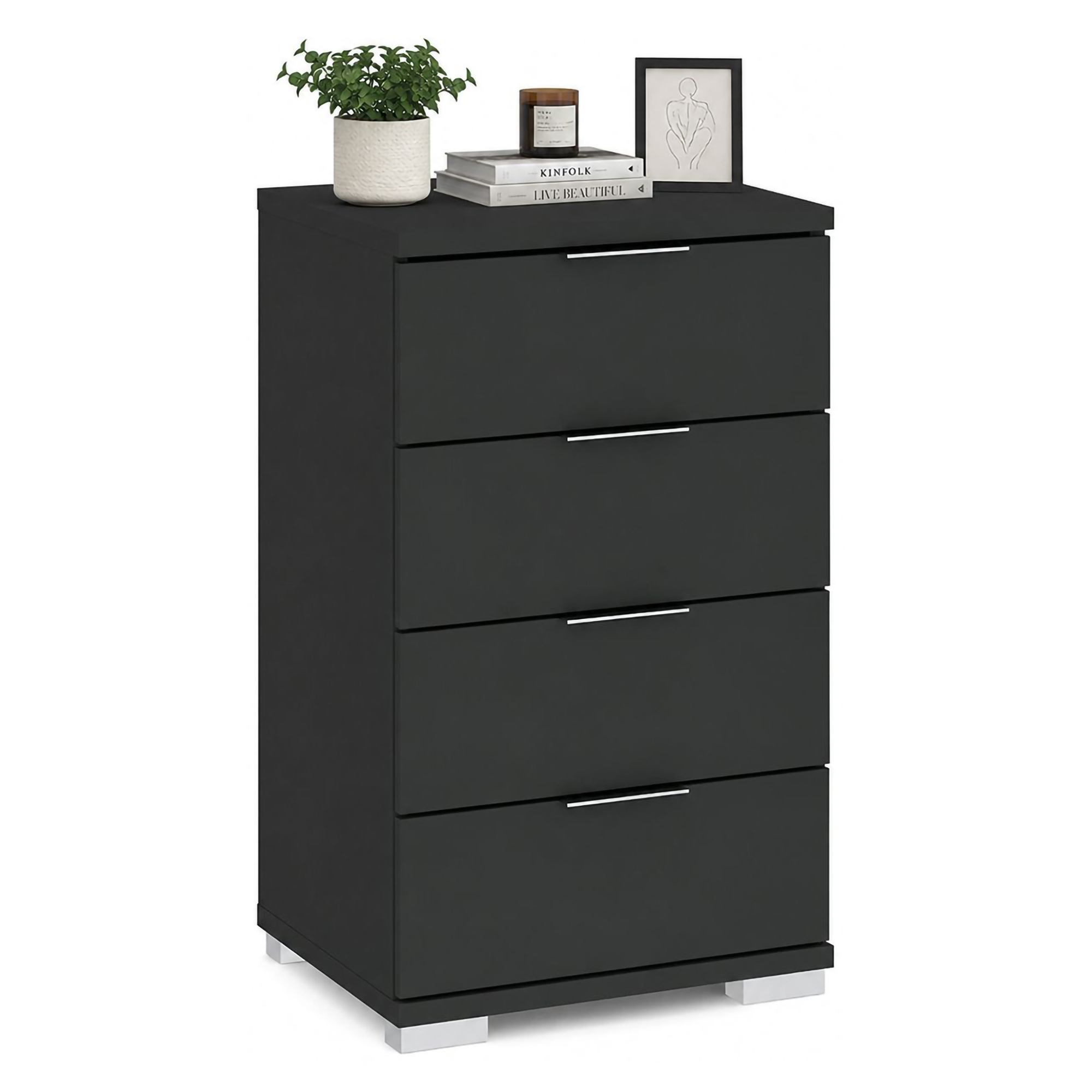 Cassettiera Nero Antracite 4 Cassetti Apertura Scorrevole 46x42x79h cm, Chiusura Scorrevole - Laka