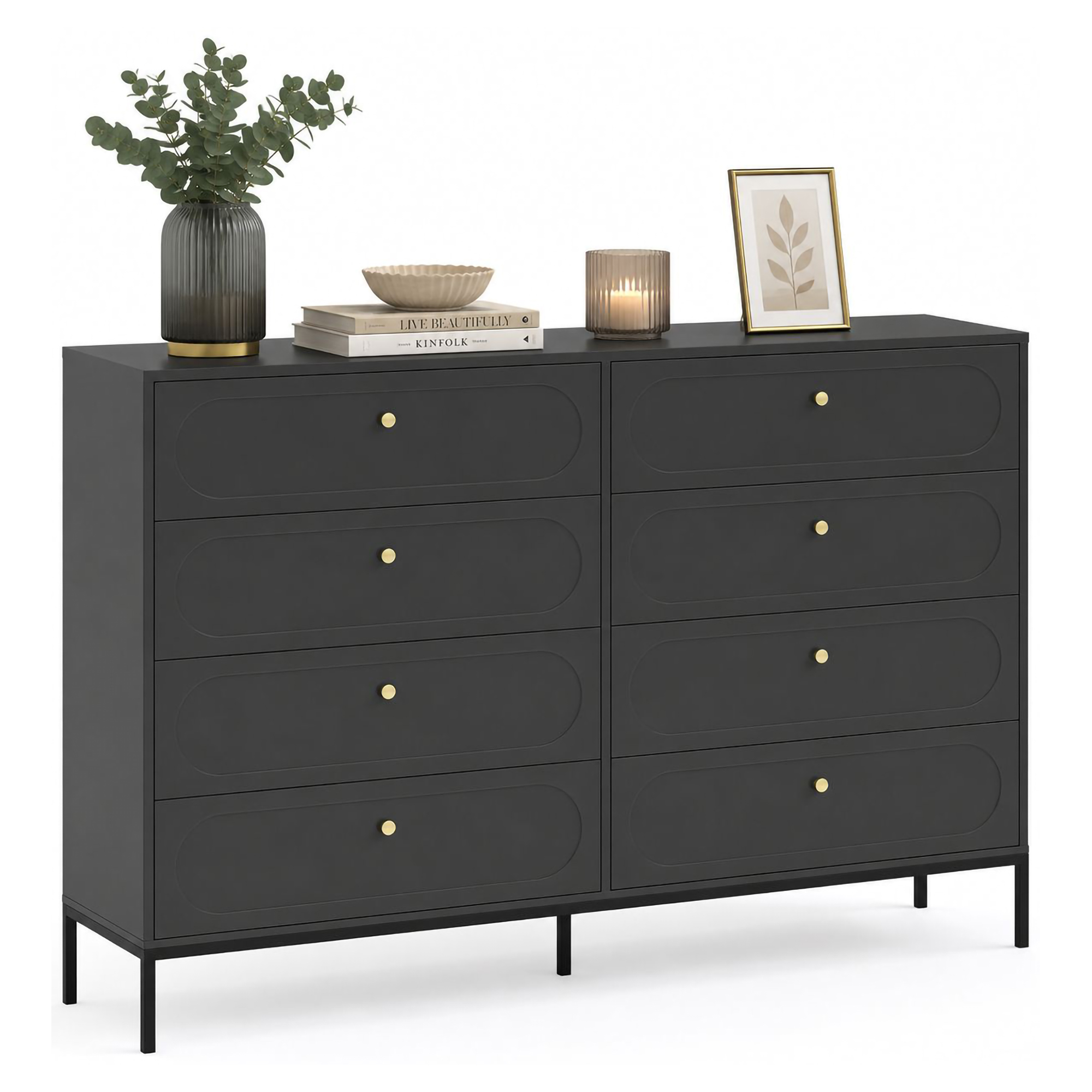 Cassettiera Nero Antracite 8 Cassetti Apertura Scorrevole 150x40x116h cm, Chiusura Soft Close - Laniva