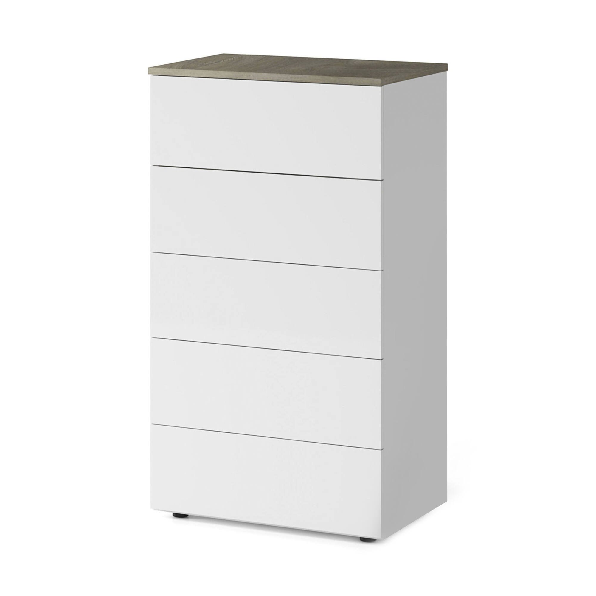 Cassettiera Stockton, Settimanale a cinque cassetti, Mobile Comò per camera da letto, Comò moderno, 61x40h109 cm, Bianco e Rovere