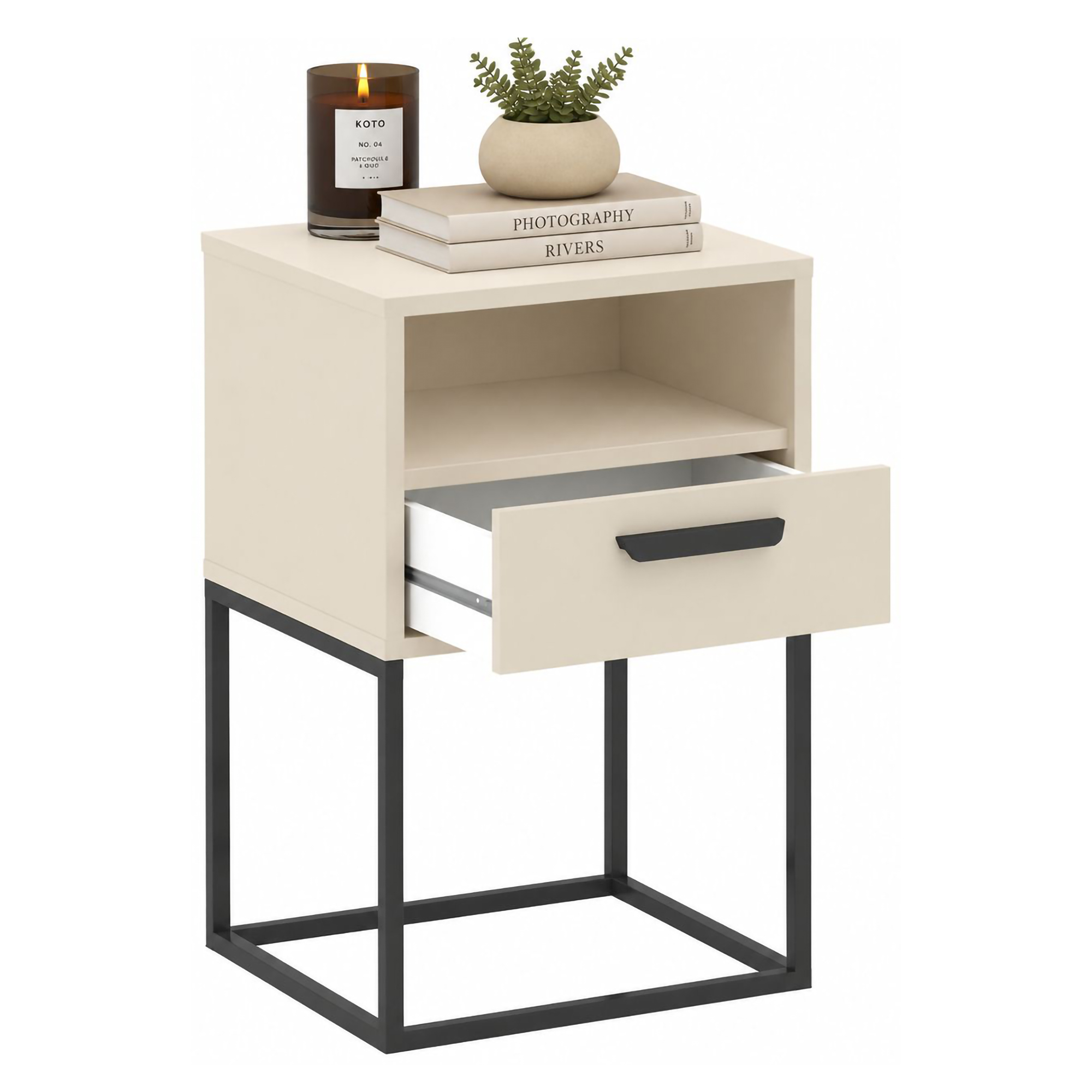 Comodino Beige Cashmere un Cassetto un Ripiano 40x39x65h cm, Apertura Scorrevole - Lehadasa