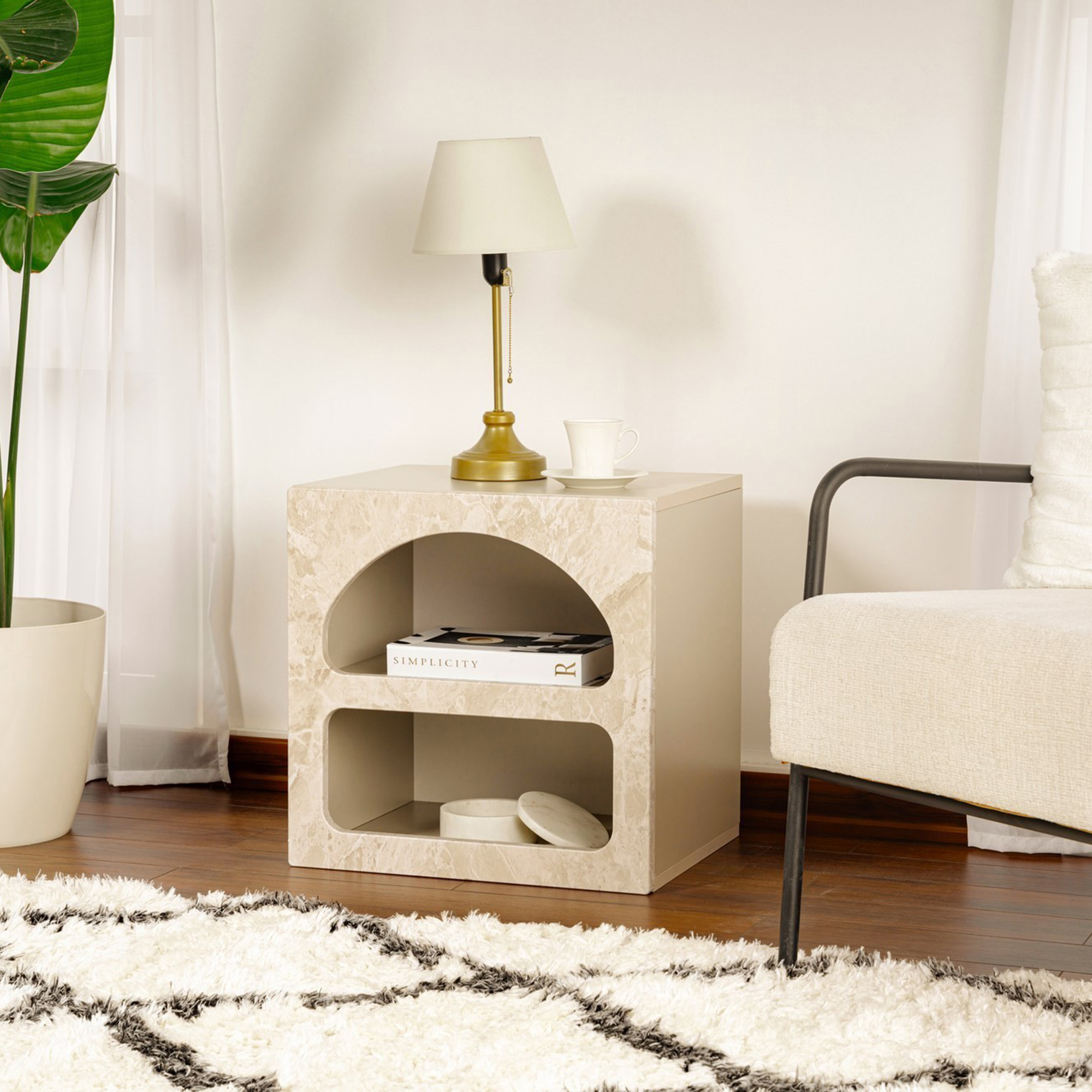 Comodino Bianco Marmo 3 Ripiani Sfumatura Colore Struttura Marmo 50x40x50h cm, Colore Ripiano Bianco - Nara