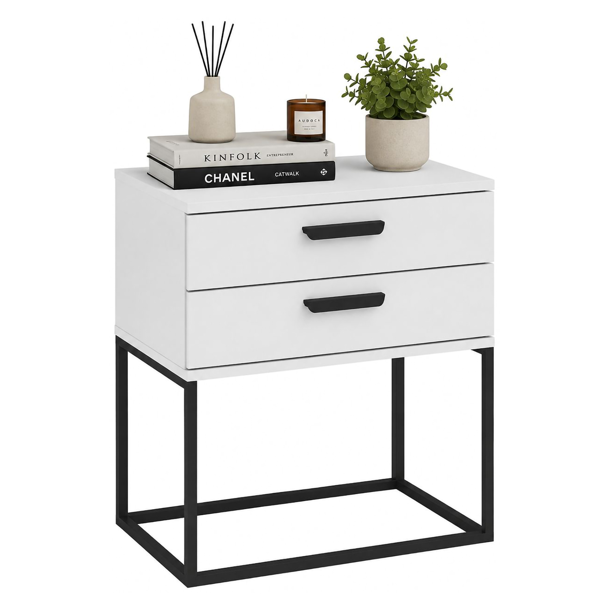 Comodino Bianco Nero 2 Cassetti Apertura Scorrevole 60x39x65h cm, Chiusura Scorrevole - Lelabati