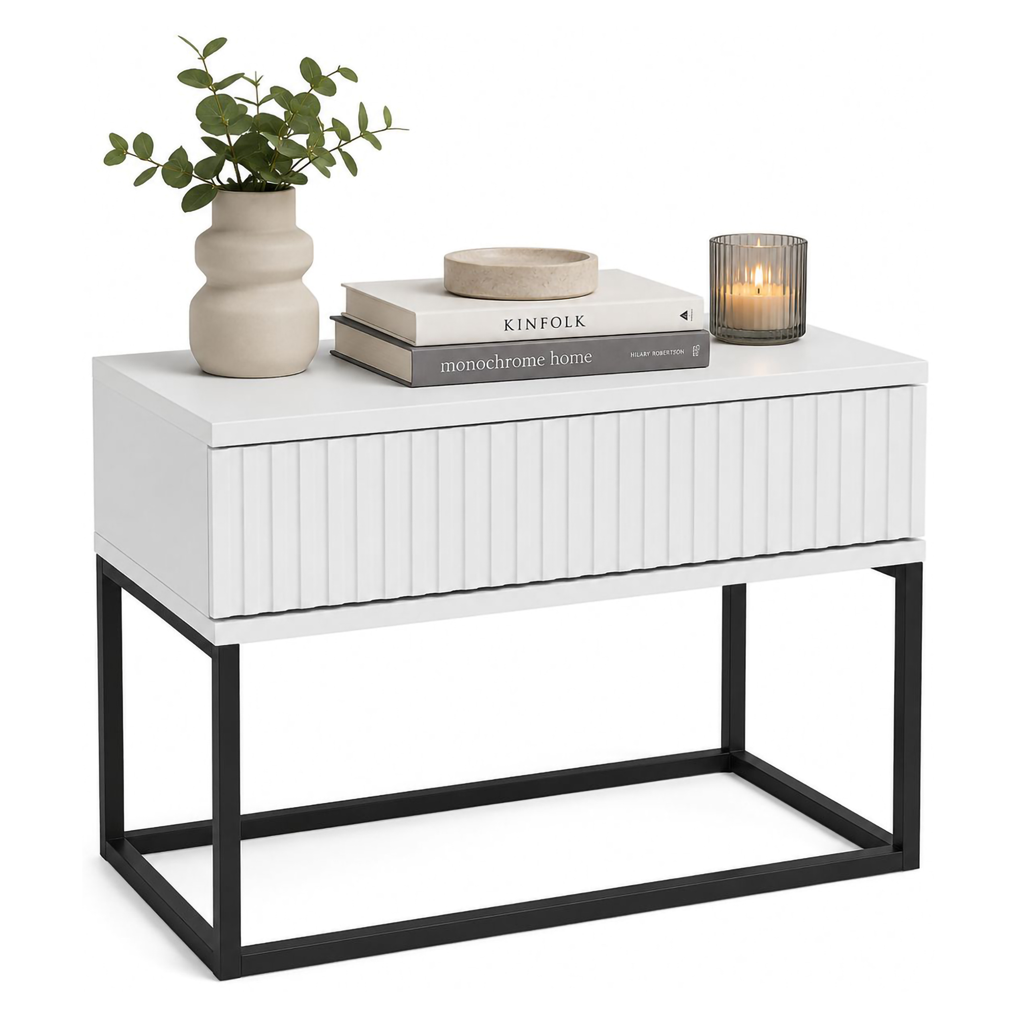Comodino Bianco Nero un Cassetto Apertura Scorrevole 60x39x52h cm, Chiusura Scorrevole - Leletete