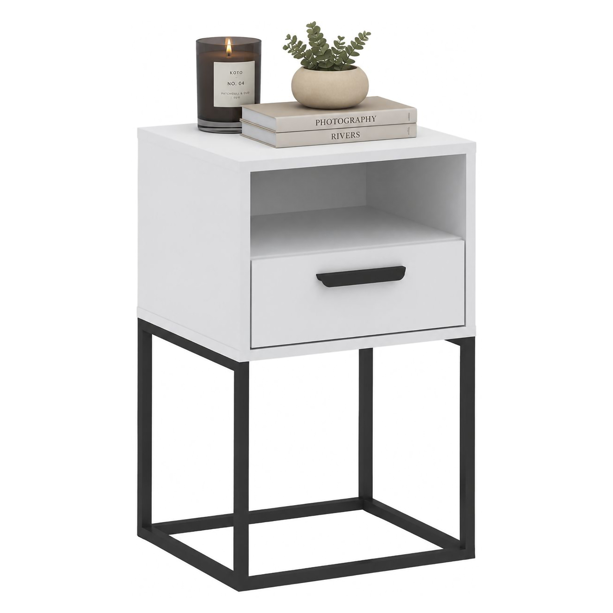 Comodino Bianco Nero un Ripiano un Cassetto 40x39x65h cm, Apertura Scorrevole - Lehadasa