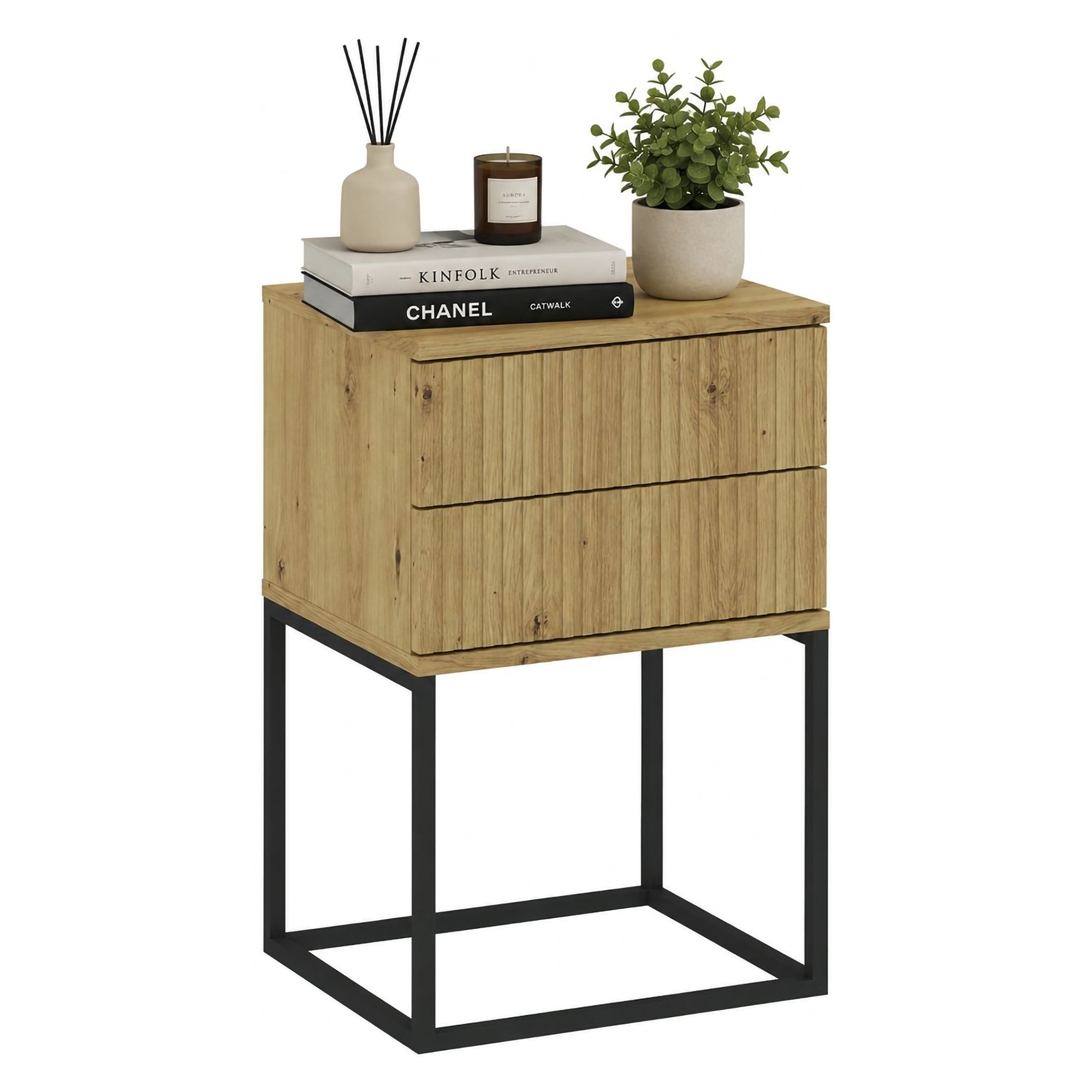 Comodino Marrone Rovere Nero 2 Cassetti Apertura Scorrevole 40x39x65h cm, Chiusura Scorrevole - Lehatava