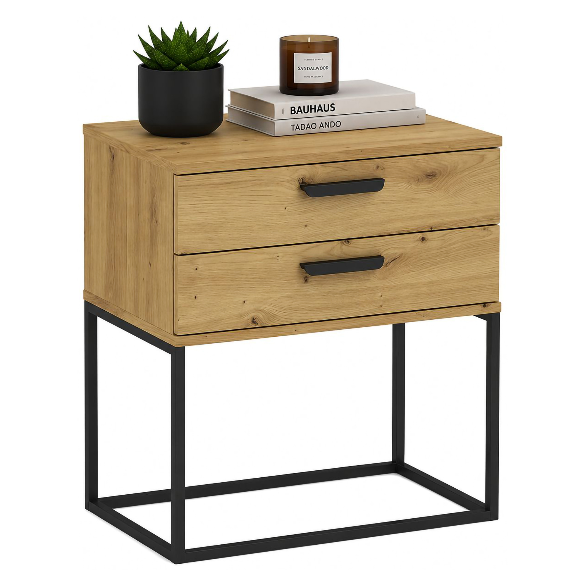 Comodino Marrone Rovere Nero 2 Cassetti Apertura Scorrevole 60x39x65h cm, Chiusura Scorrevole - Lelabati
