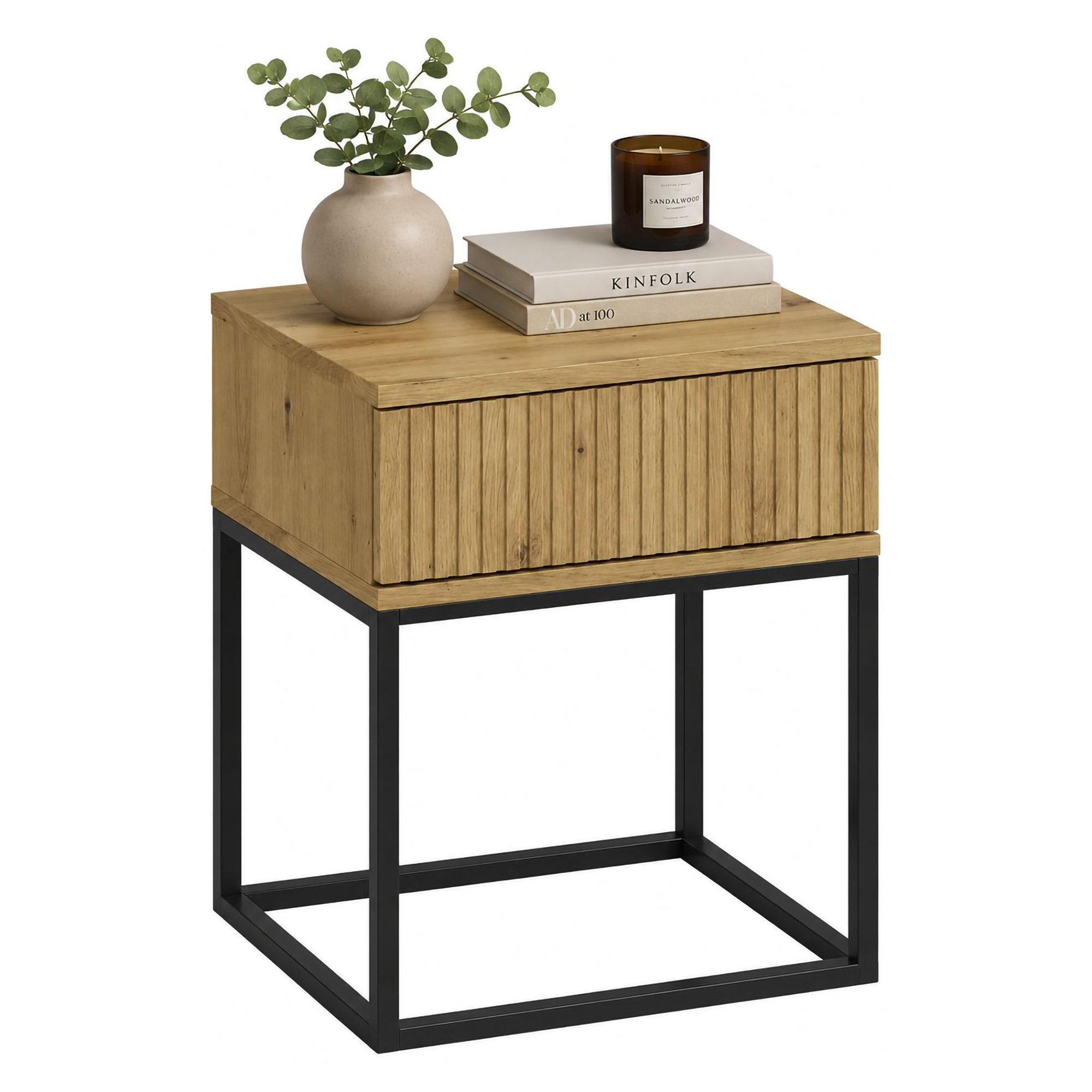 Comodino Marrone Rovere Nero un Cassetto Apertura Scorrevole 40x39x52h cm, Chiusura Scorrevole - Lelalaha