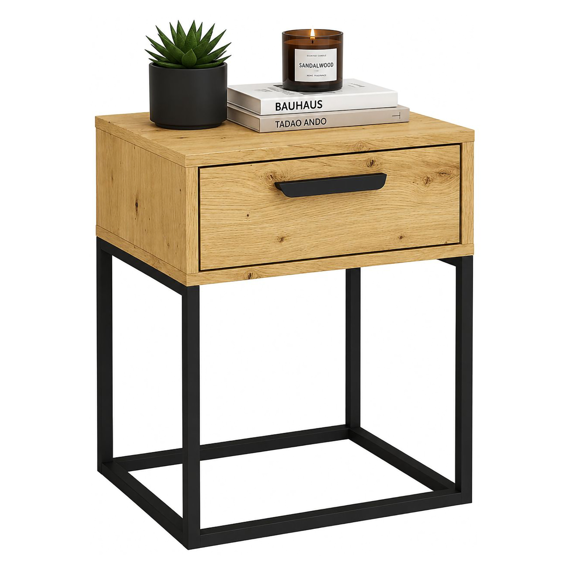 Comodino Marrone Rovere Nero un Cassetto Apertura Scorrevole 40x39x52h cm, Chiusura Scorrevole - Lelimapa