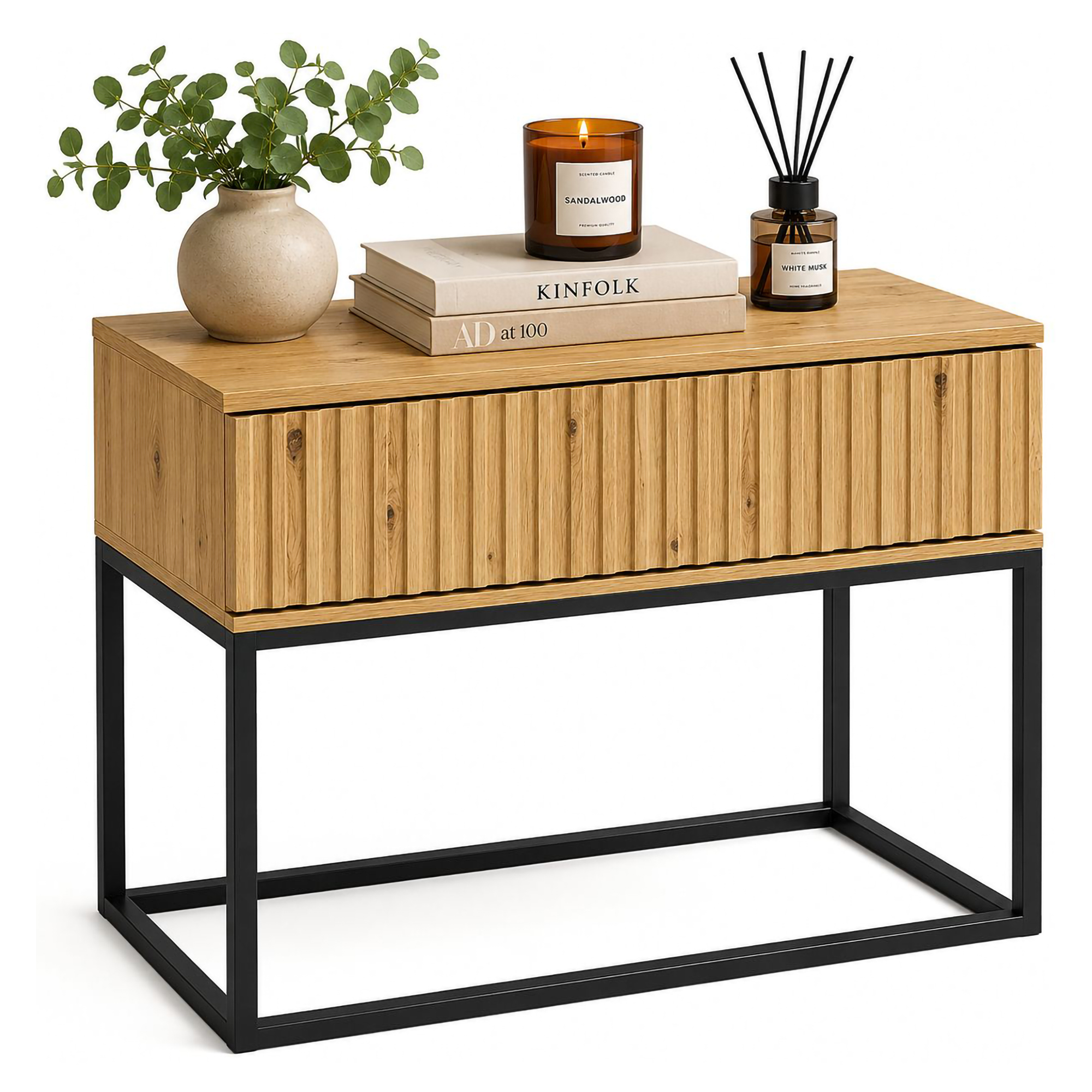 Comodino Marrone Rovere Nero un Cassetto Apertura Scorrevole 60x39x52h cm, Chiusura Scorrevole - Leletete