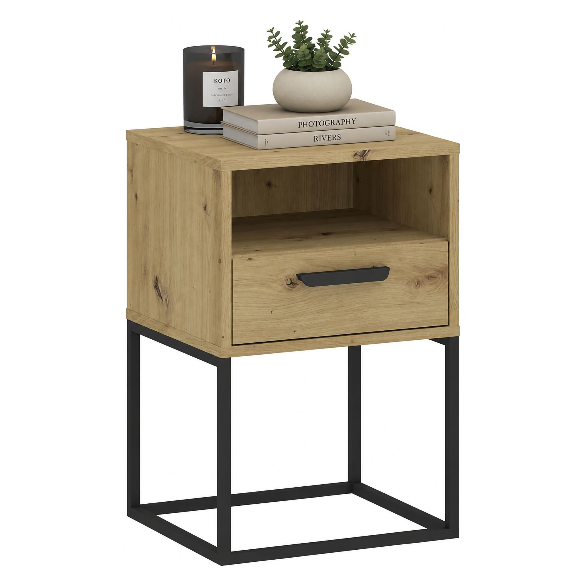 Comodino Marrone Rovere un Cassetto un Ripiano 40x39x65h cm, Apertura Scorrevole - Lehadasa