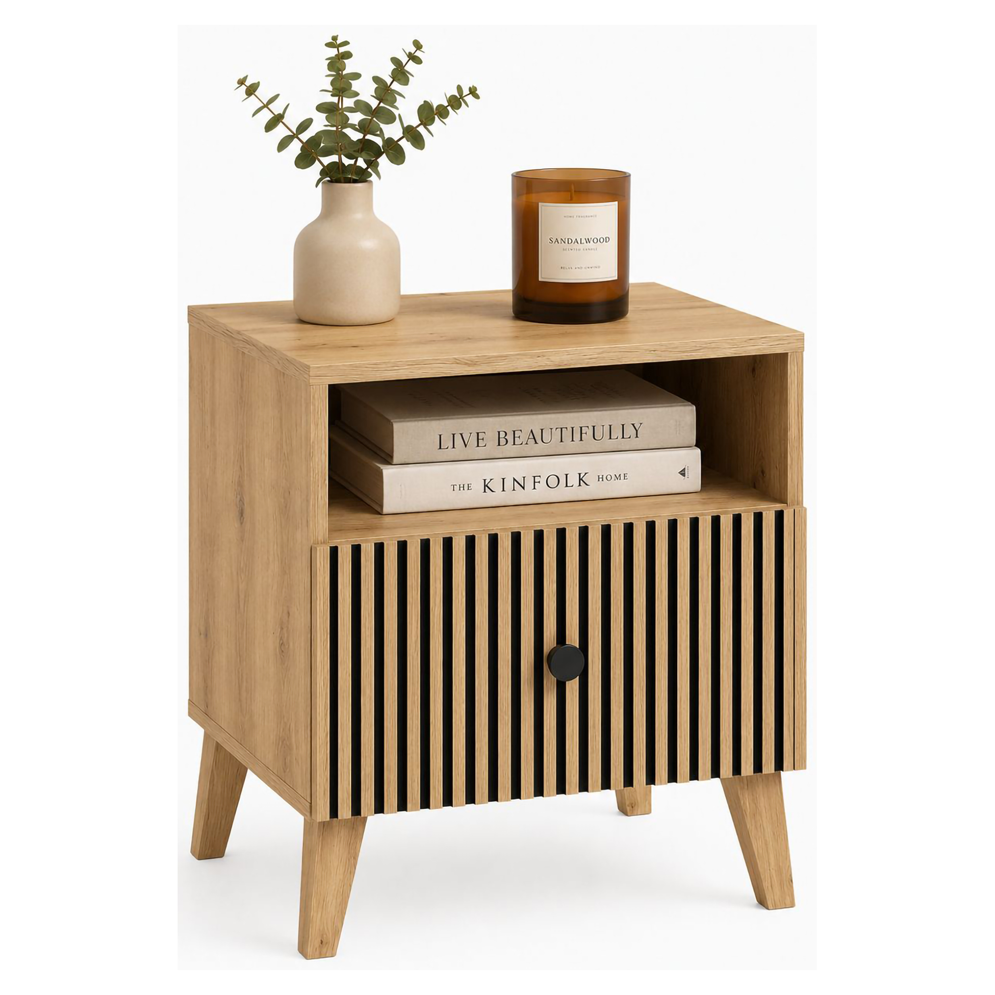 Comodino Marrone Rovere un Ripiano un Cassetto 47x42x58h cm, Listellato Verticale - Ledatere