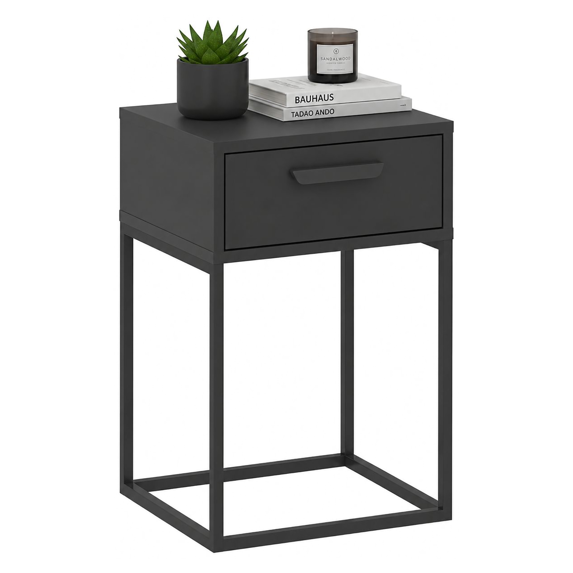 Comodino Nero Antracite un Cassetto Apertura Scorrevole 40x39x52h cm, Chiusura Scorrevole - Lelimapa