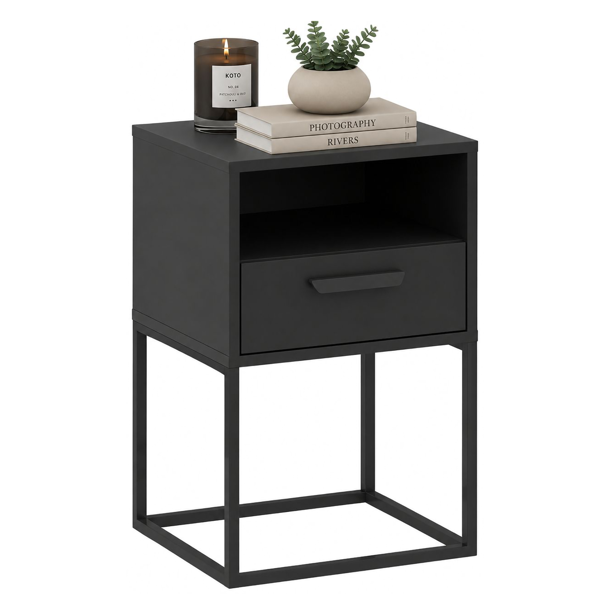 Comodino Nero Antracite un Cassetto un Ripiano 40x39x65h cm, Apertura Scorrevole - Lehadasa