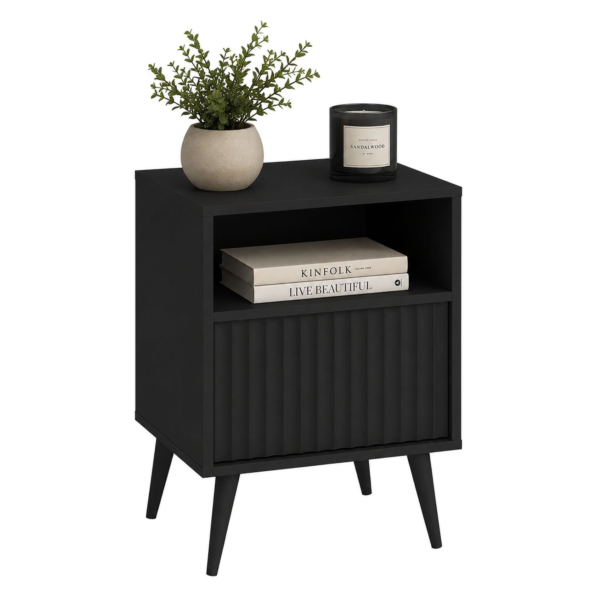 Comodino Nero Antracite un Ripiano un Cassetto 47x40x61h cm, Apertura Scorrevole - Ledareno