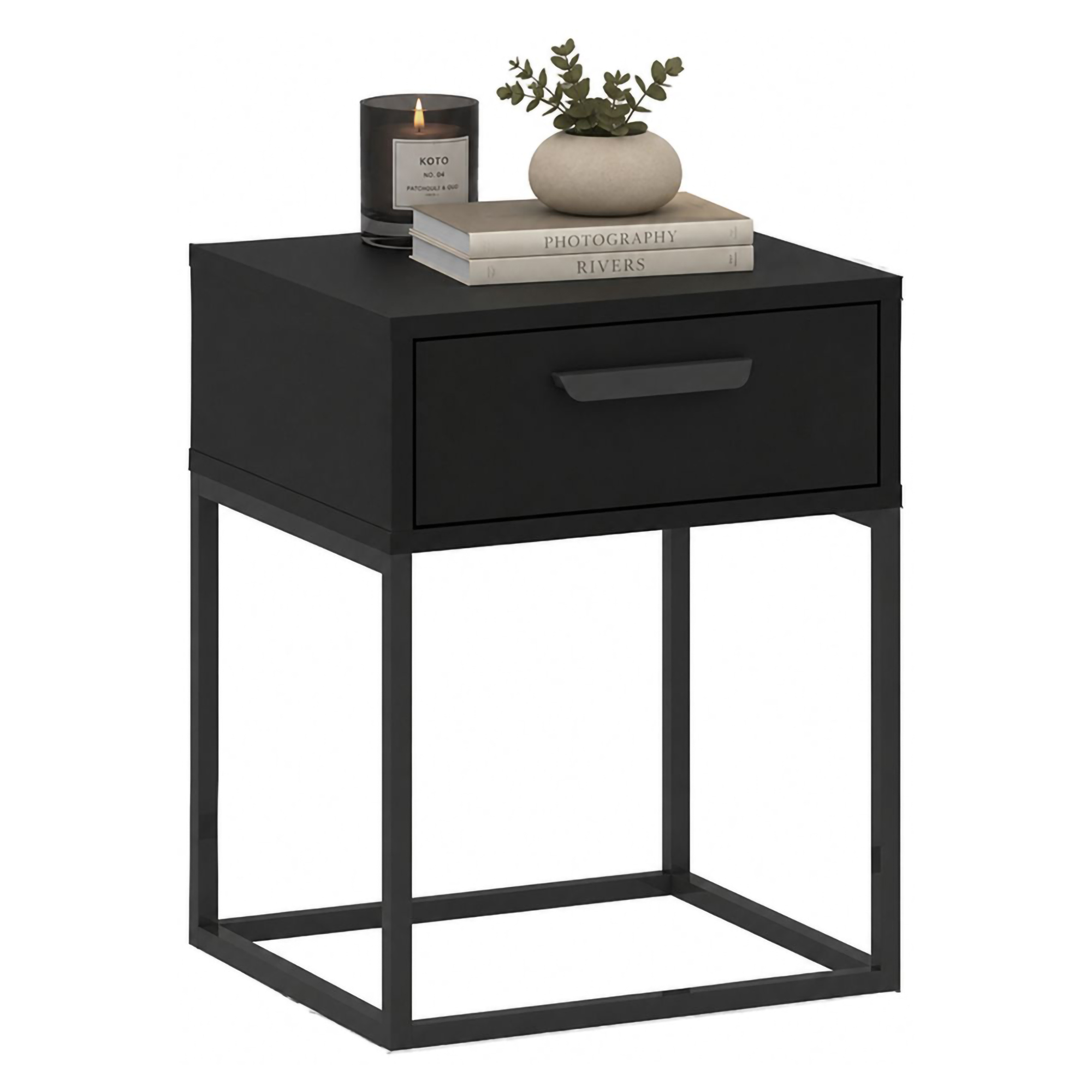 Comodino Nero un Cassetto Apertura Scorrevole 40x39x52h cm, Chiusura Scorrevole - Lelimapa