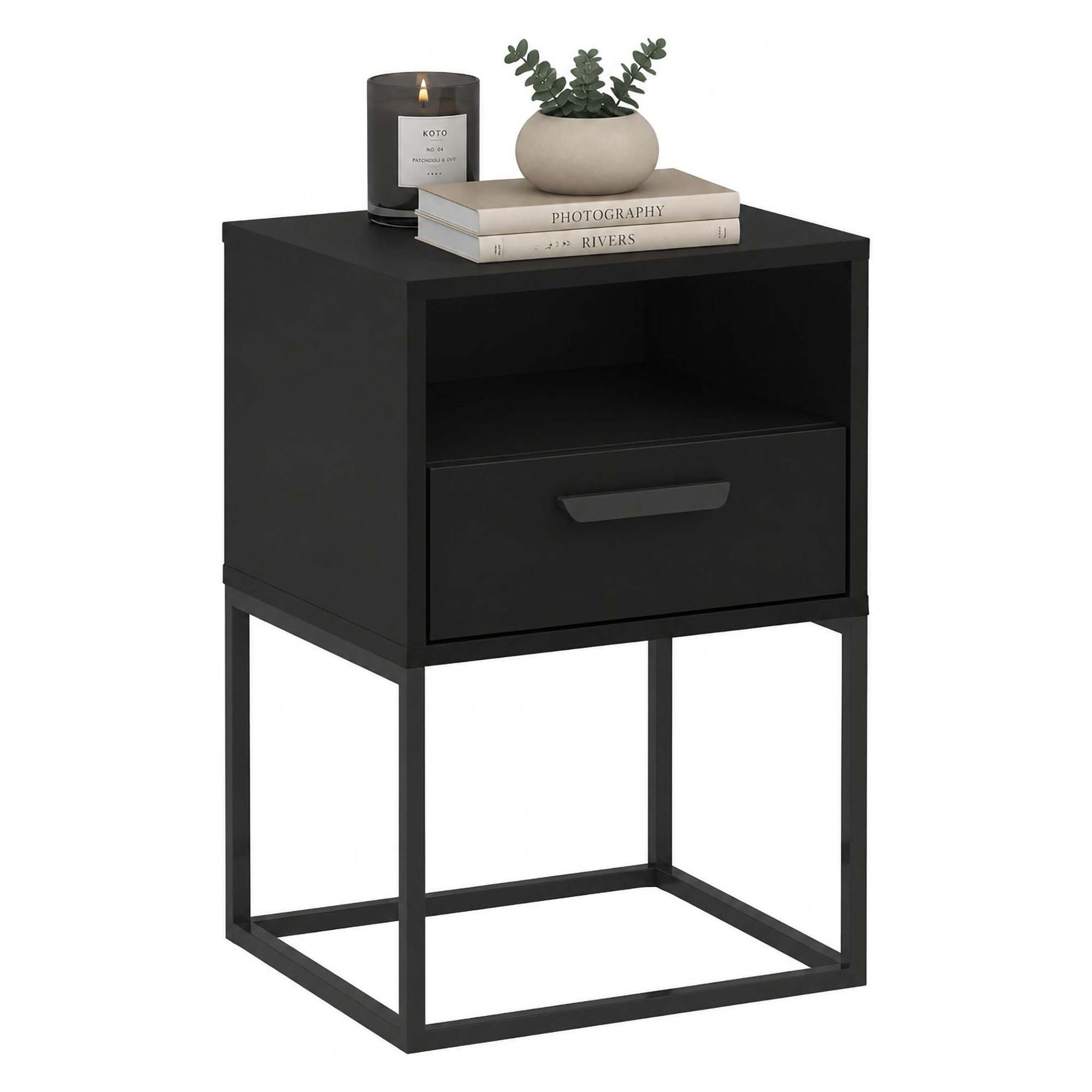 Comodino Nero un Cassetto un Ripiano 40x39x65h cm, Apertura Scorrevole - Lehadasa