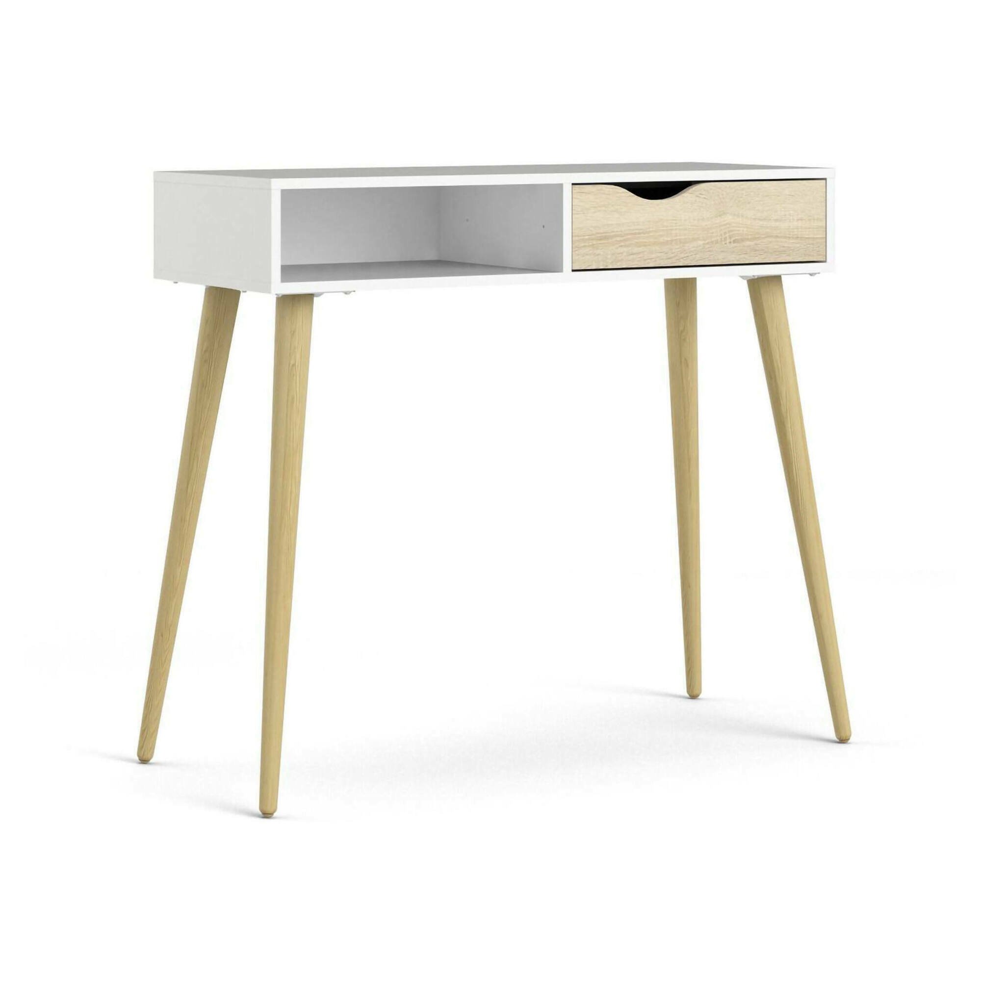 Consolle Annabelle, Tavolo multiuso, Mobiletto d'appoggio, Scrivania da corridoio, 103x44 h90 cm, Bianco e Quercia