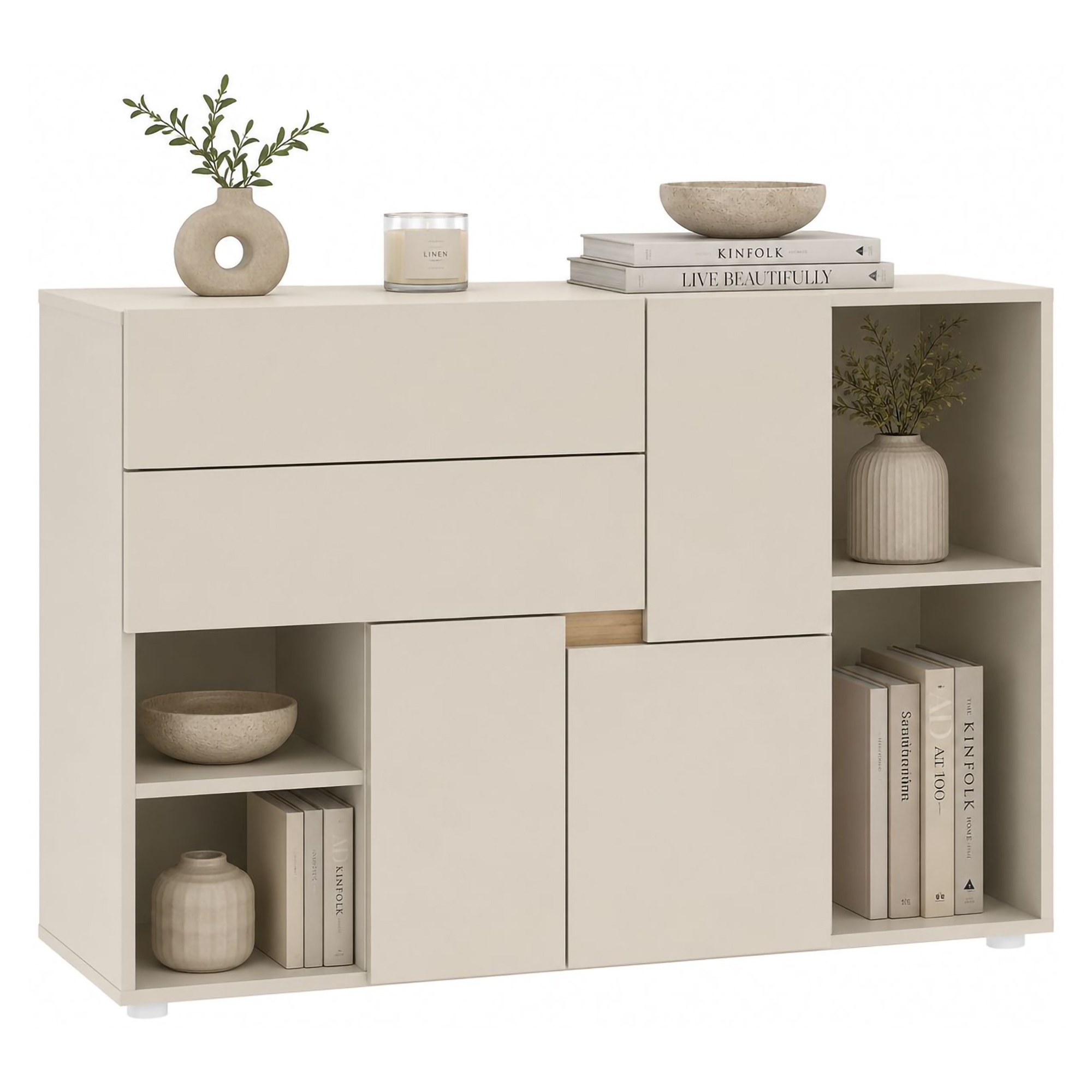 Credenza Beige Cashmere 2 Ripiani 2 Cassetti 120x42x84h cm, 3 Ante - Lerimi