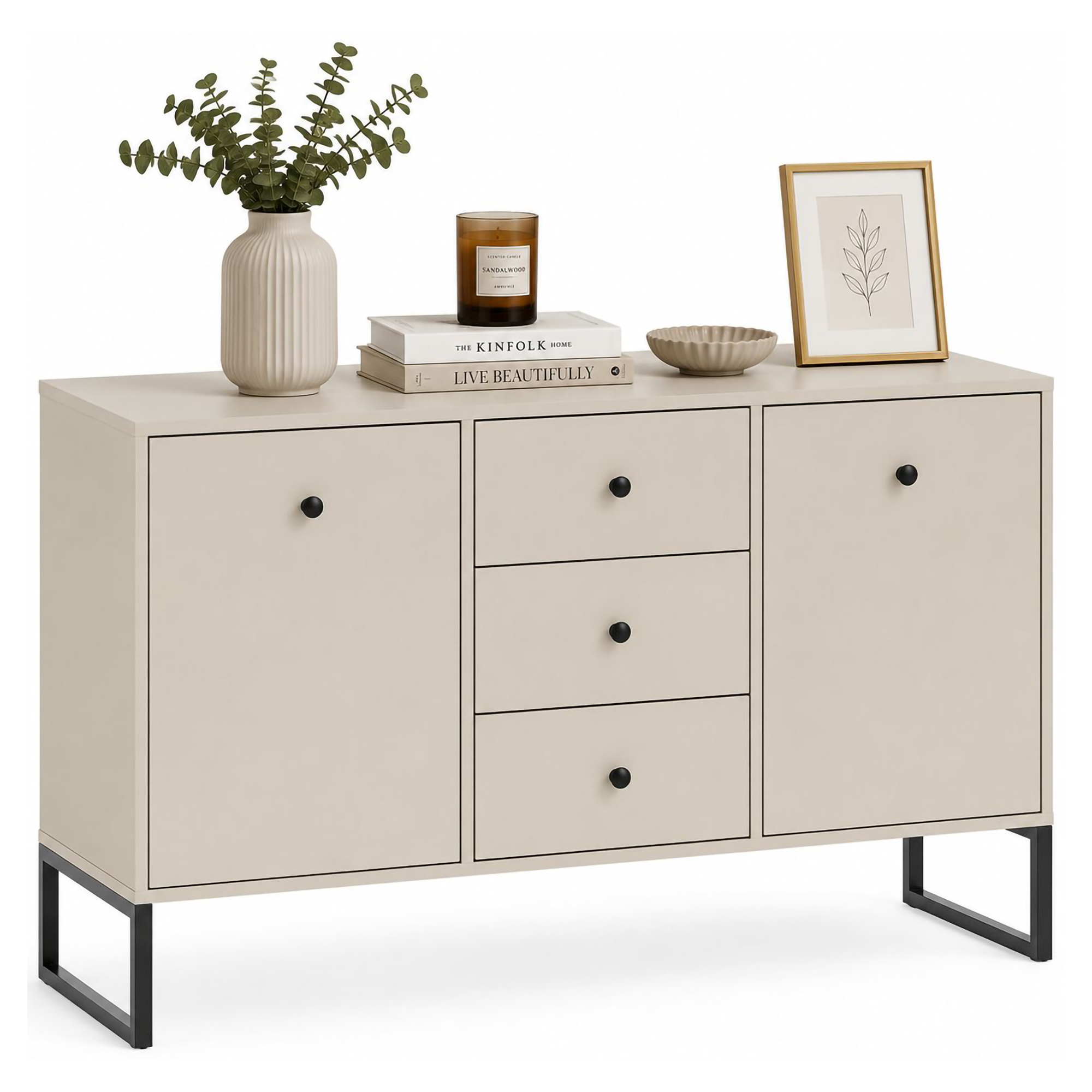 Credenza Beige Cashmere 3 Cassetti 2 Ripiani 115x33x82h cm, Apertura Battente, Scorrevole - Lerelova