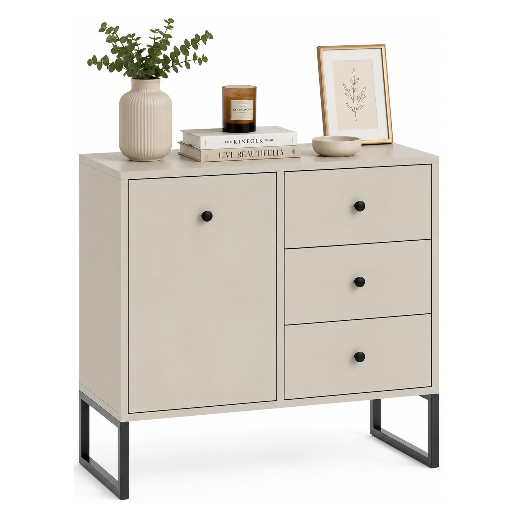 Credenza Beige Cashmere 3 Cassetti un Ripiano 77x33x82h cm, Apertura Battente, Scorrevole - Leranoro
