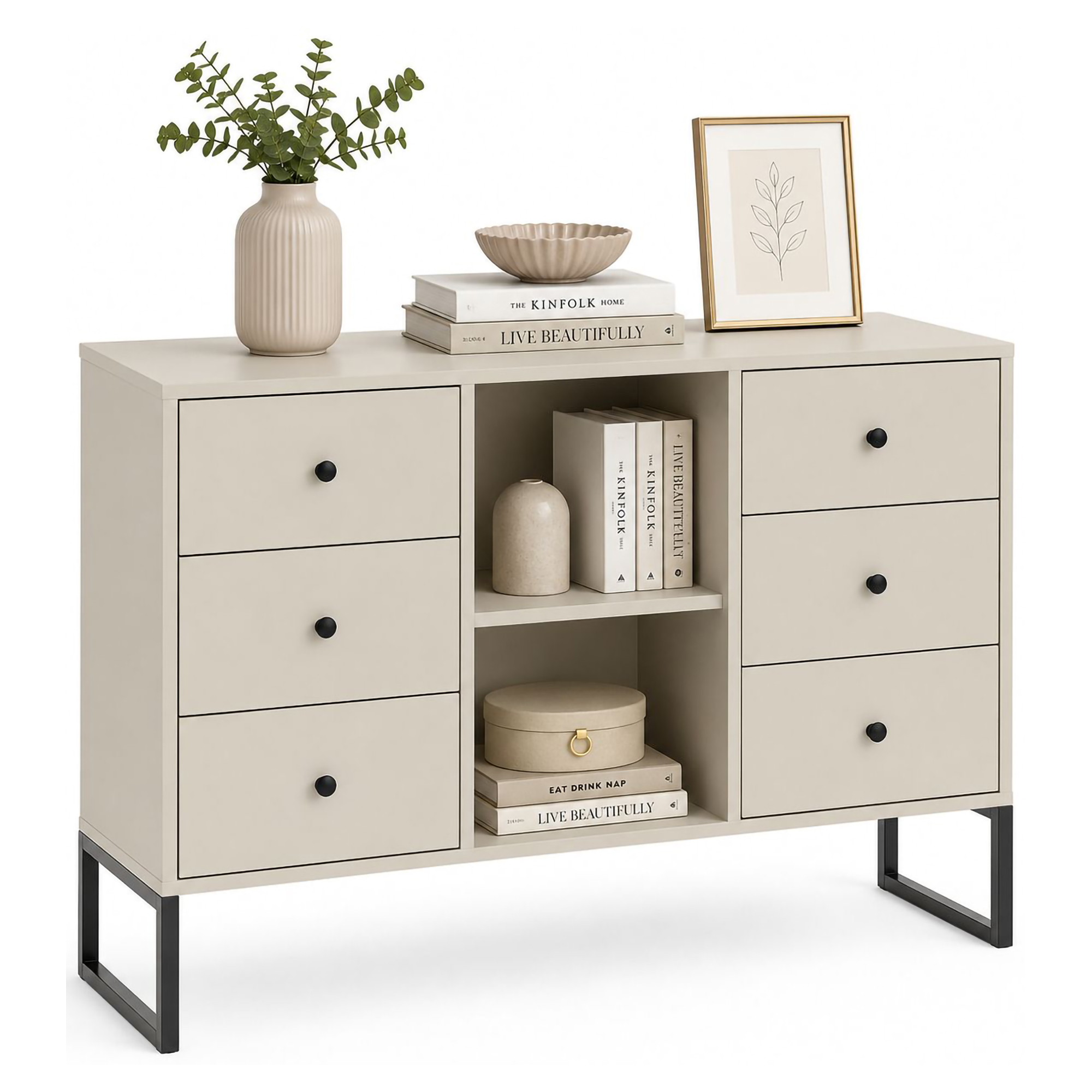Credenza Beige Cashmere 6 Cassetti un Ripiano 112x33x82h cm, 2 Vani - Lerata