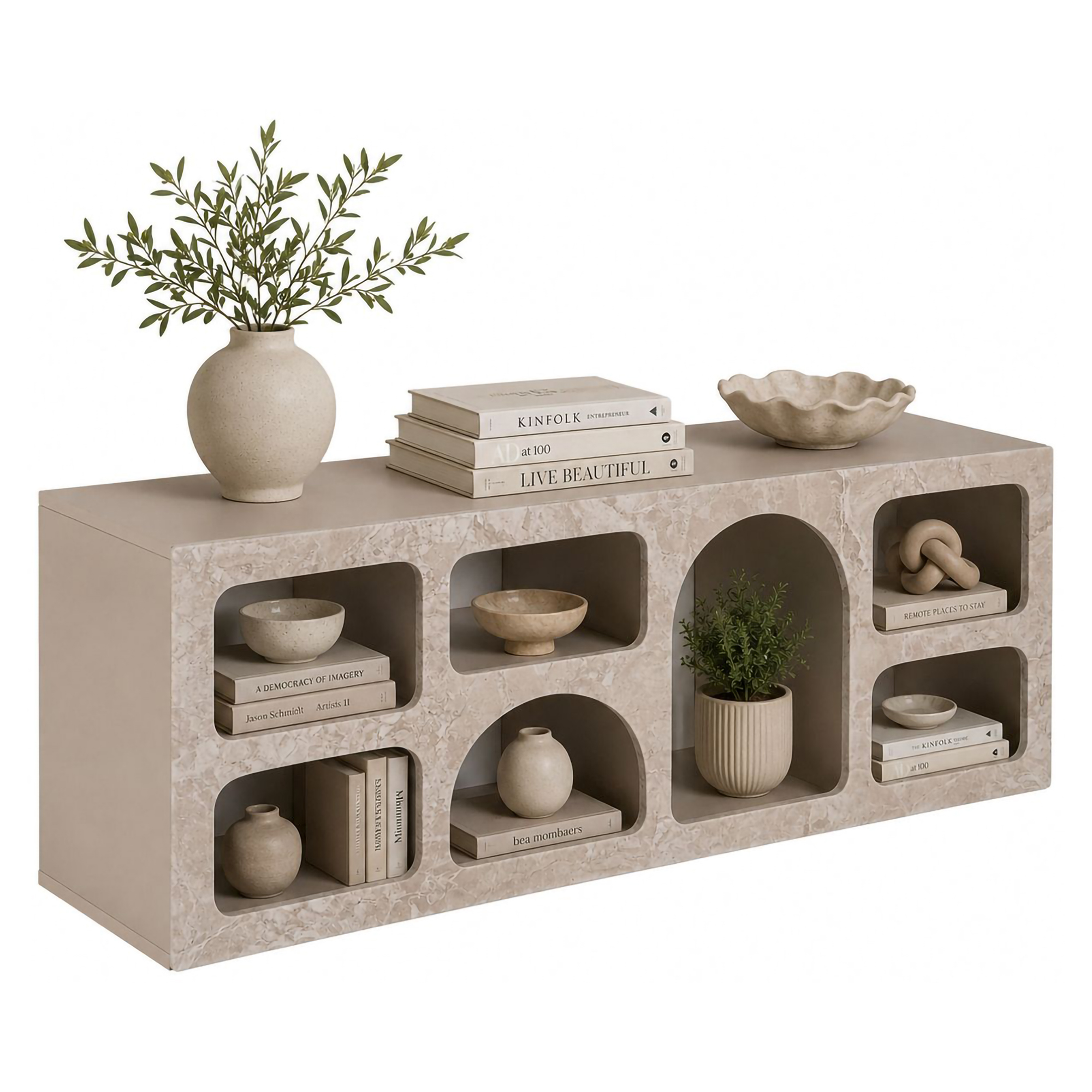 Credenza Beige Marmo 6 Ripiani 6 Vani 160x40x51h cm, Peso Supportato 45 kg - Arsenio