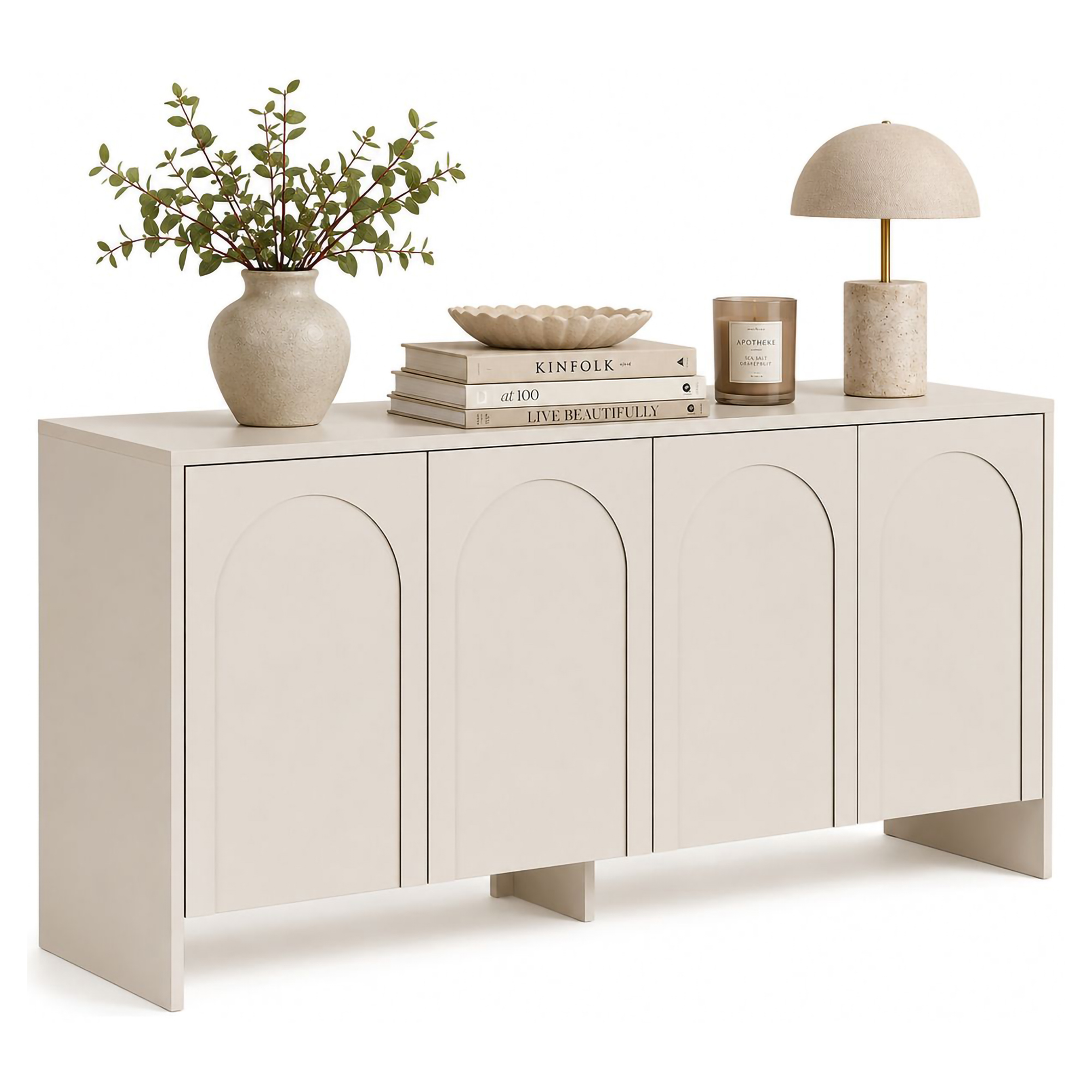 Credenza Bianco Crema 2 Ripiani 4 Ante 180x45x80h cm, 6 Vani - Nomesi
