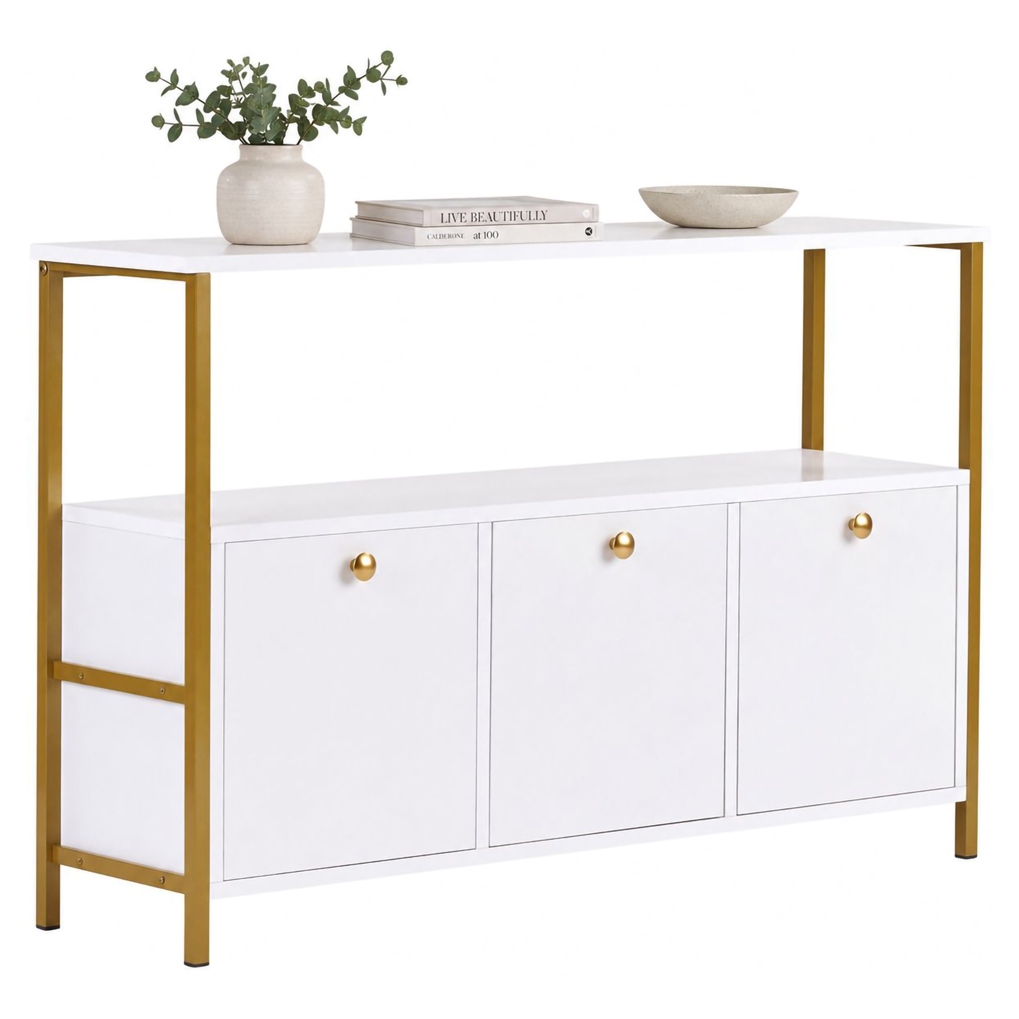 Credenza Bianco Lucido Nero 2 Ripiani 3 Vani 120x30x77h cm, 3 Ante - Noda