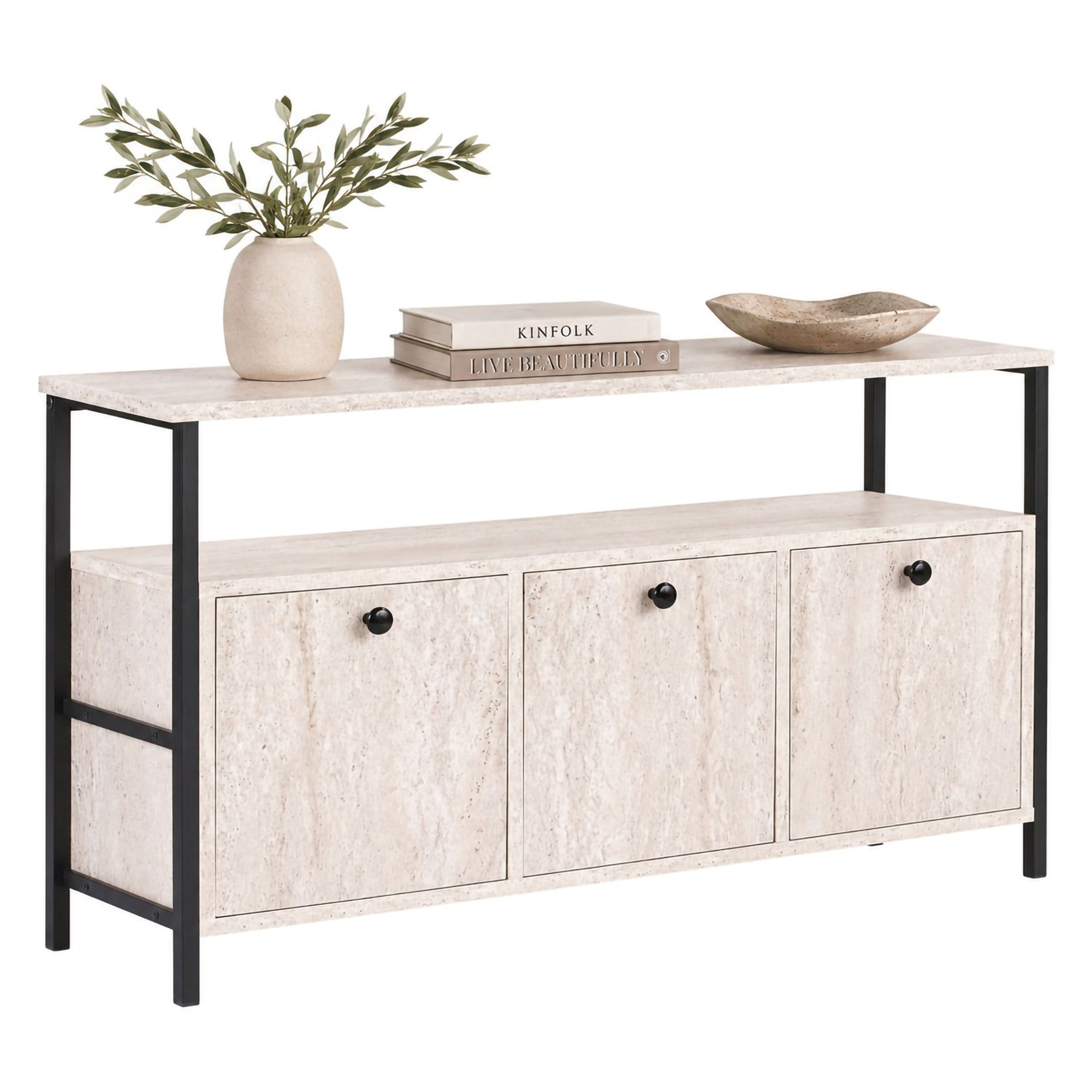 Credenza Bianco Marmo Nero 2 Ripiani 3 Vani 120x30x77h cm, 3 Ante - Noda