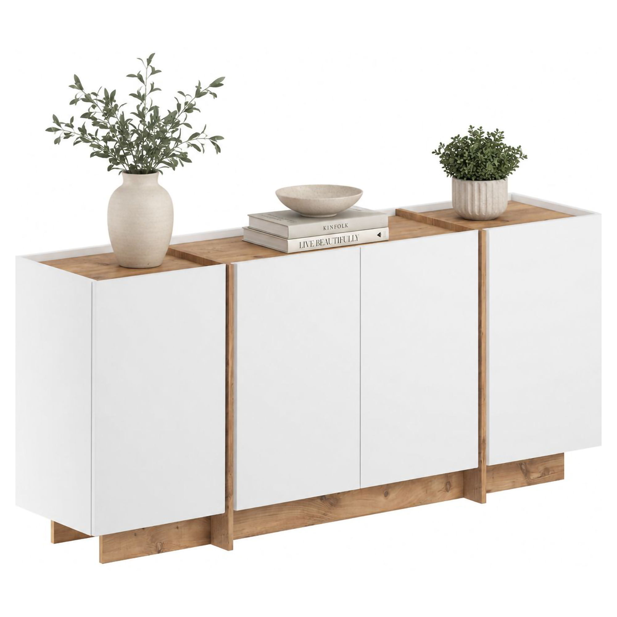 Credenza Bianco Marrone Rovere 4 Ripiani 4 Ante 180x45x80h cm, 8 Vani - Nolona