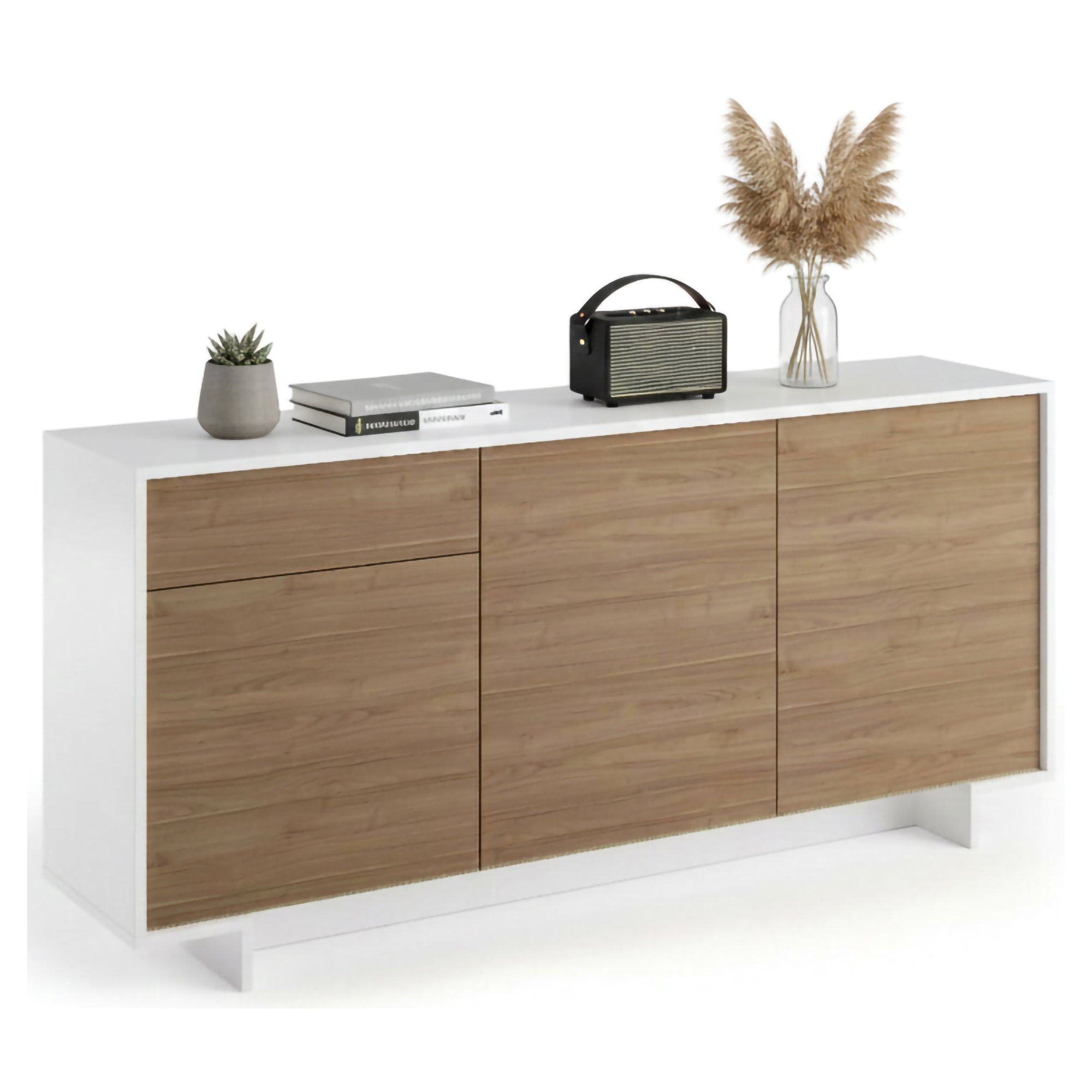 Credenza Bianco Marrone Rovere un Cassetto 2 Ripiani 170x42x78h cm, Apertura Push Pull Made in Italy - Aronne