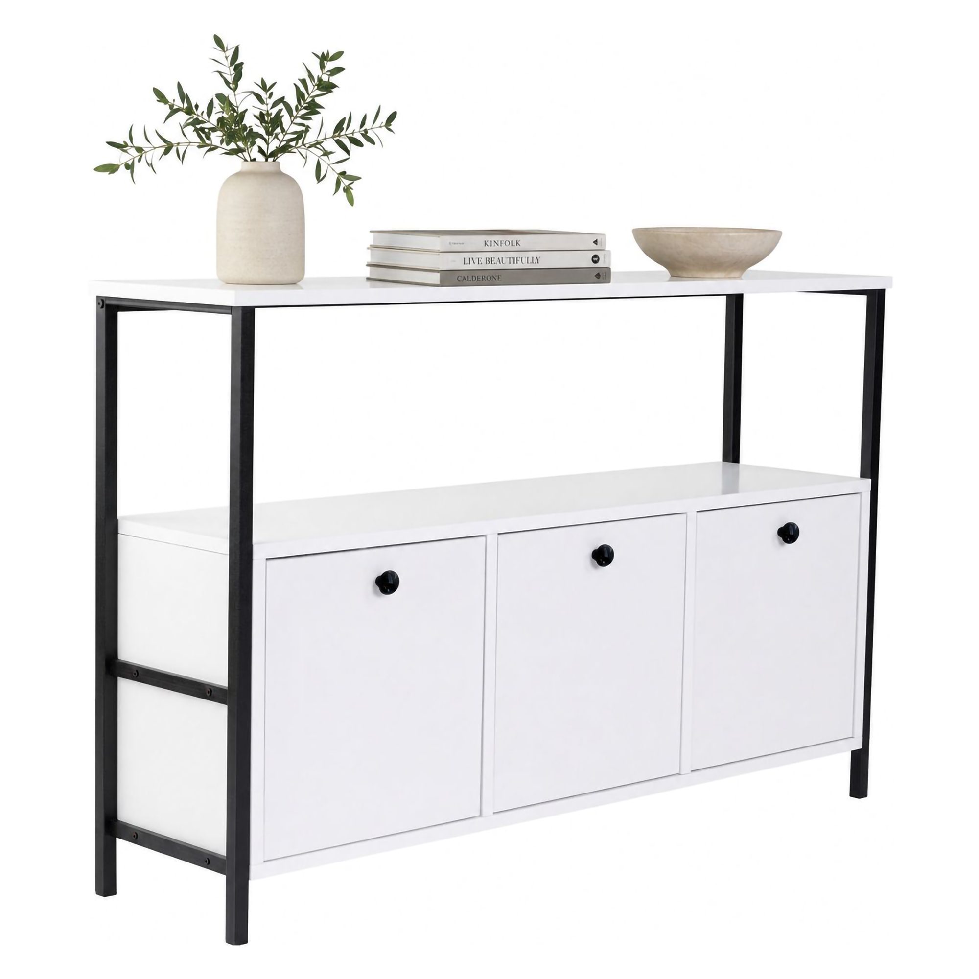 Credenza Bianco Nero 2 Ripiani 3 Ante 120x30x77h cm, 3 Vani - Noda