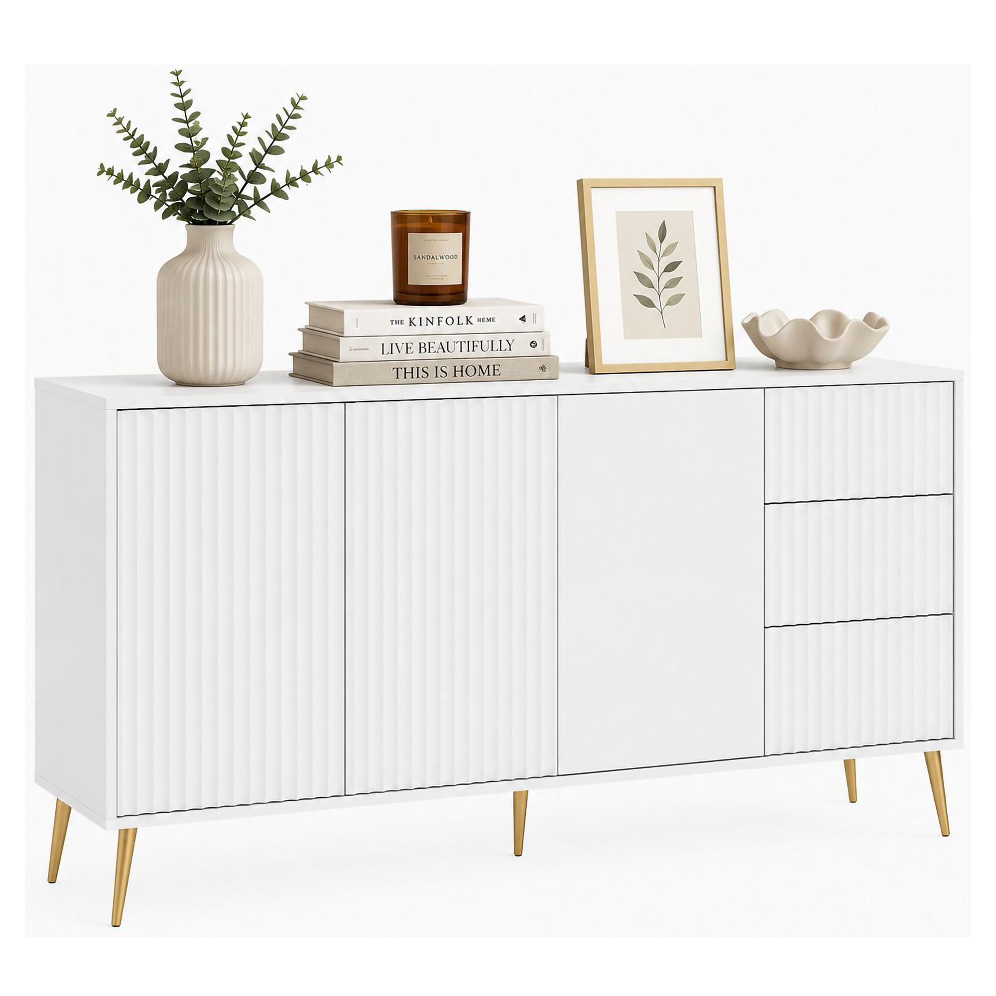 Credenza Bianco oro 3 Cassetti 2 Ripiani 179x40x98h cm, Apertura Battente, Scorrevole - Lenasi