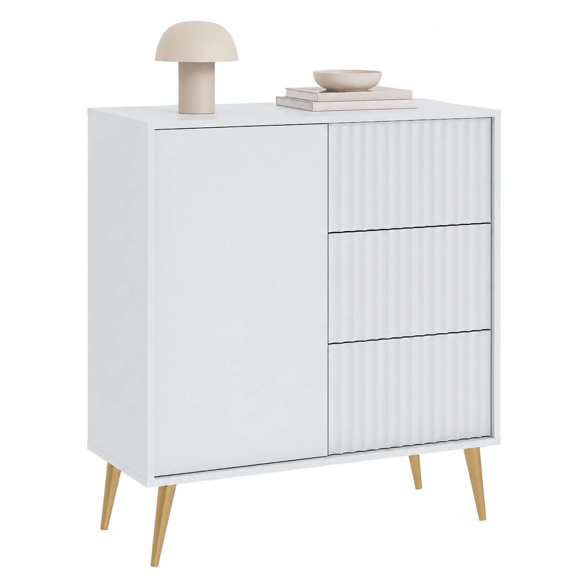 Credenza Bianco oro 3 Cassetti Apertura Battente, Scorrevole 91x40x98h cm, Un'anta - Lemihapa