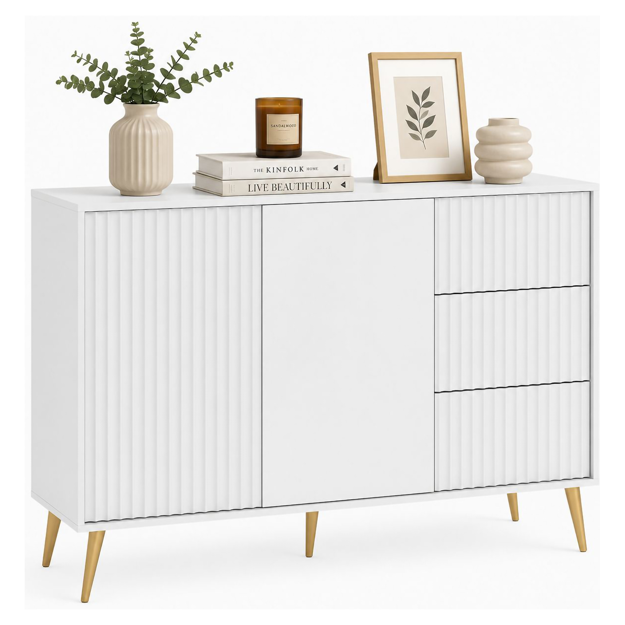 Credenza Bianco oro 3 Cassetti un Ripiano 135x40x98h cm, Apertura Battente, Scorrevole - Lemosato
