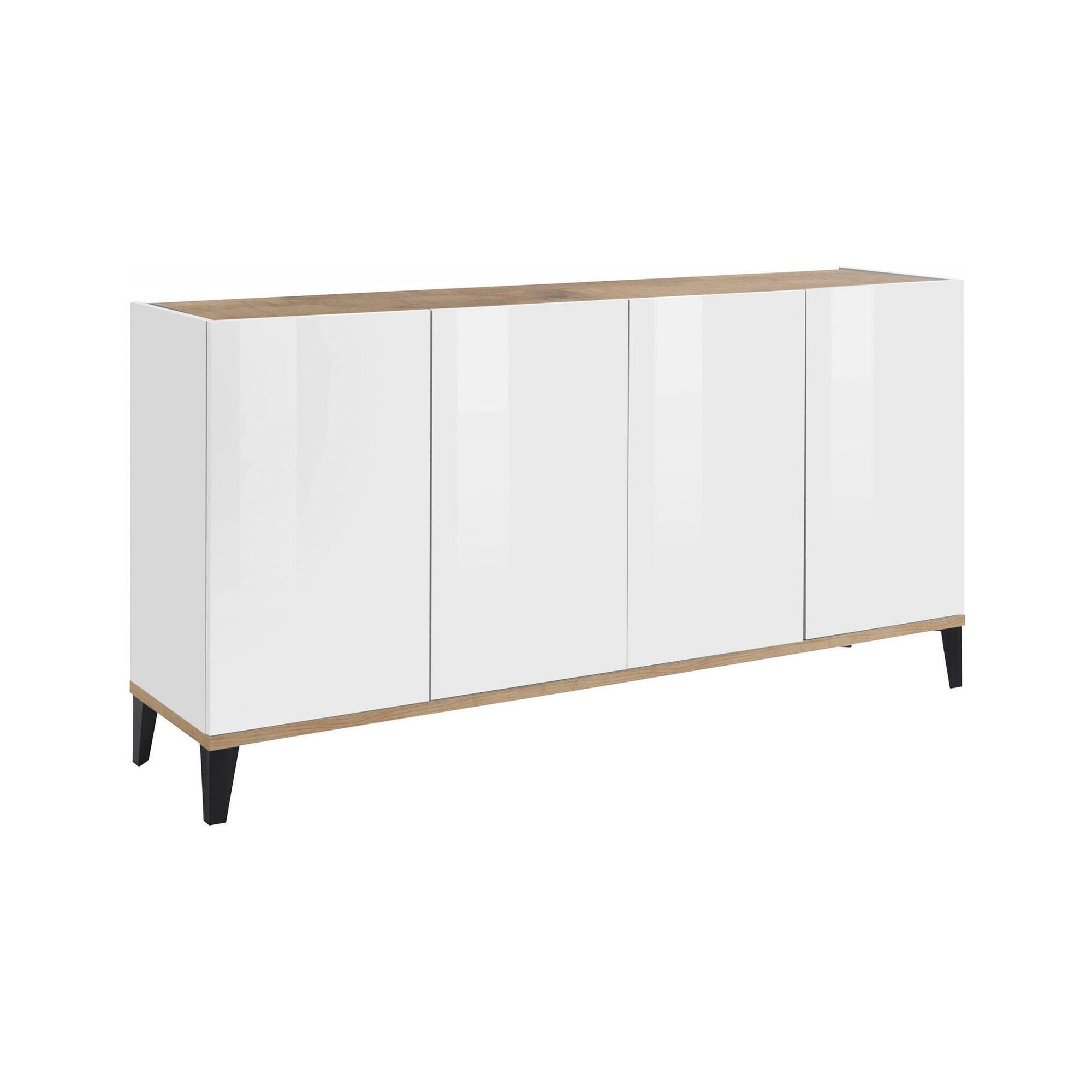 Credenza Liam, Madia da cucina a 4 ante, Buffet da soggiorno, 100% Made in Italy, cm 160x40h82, Bianco lucido e Acero