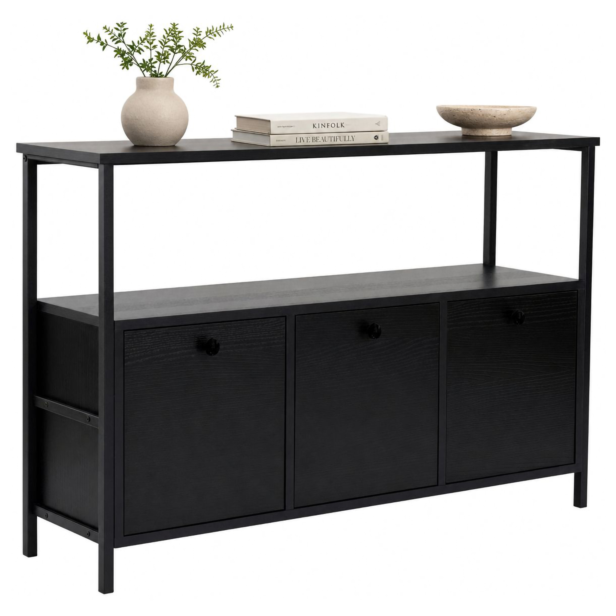 Credenza Marrone Frassinato Nero 2 Ripiani 3 Vani 120x30x77h cm, 3 Ante - Noda