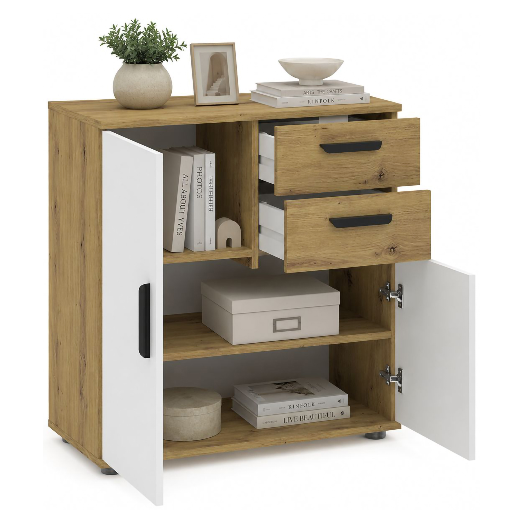 Credenza Marrone Rovere Bianco 2 Cassetti un Ripiano 71x33x75h cm, Apertura Battente, Scorrevole - Leretifa