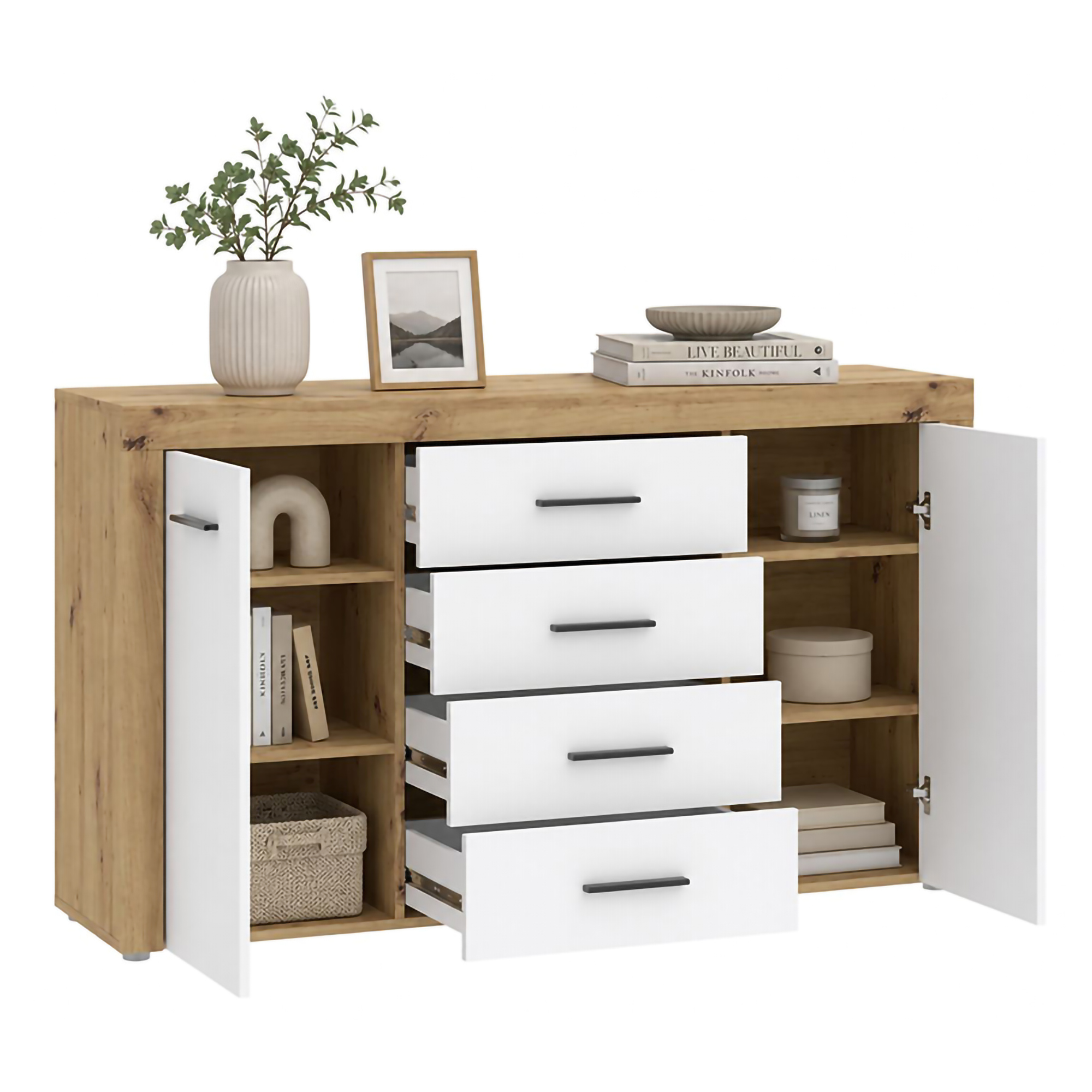 Credenza Marrone Rovere Bianco 4 Cassetti 4 Ripiani 155x42x88h cm, Apertura Battente, Scorrevole - Lemaseti