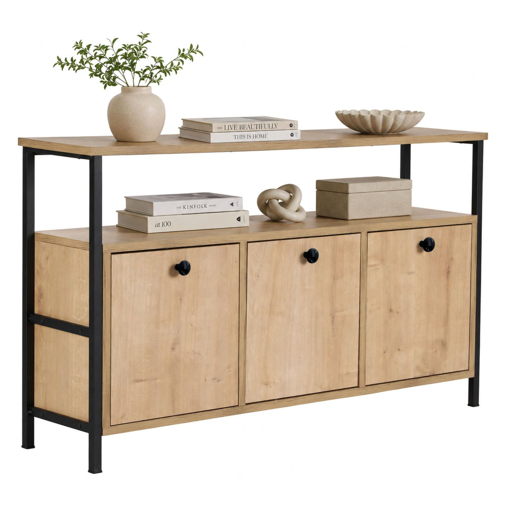 Credenza Marrone Rovere Nero 2 Ripiani 3 Vani 120x30x77h cm, 3 Ante - Noda