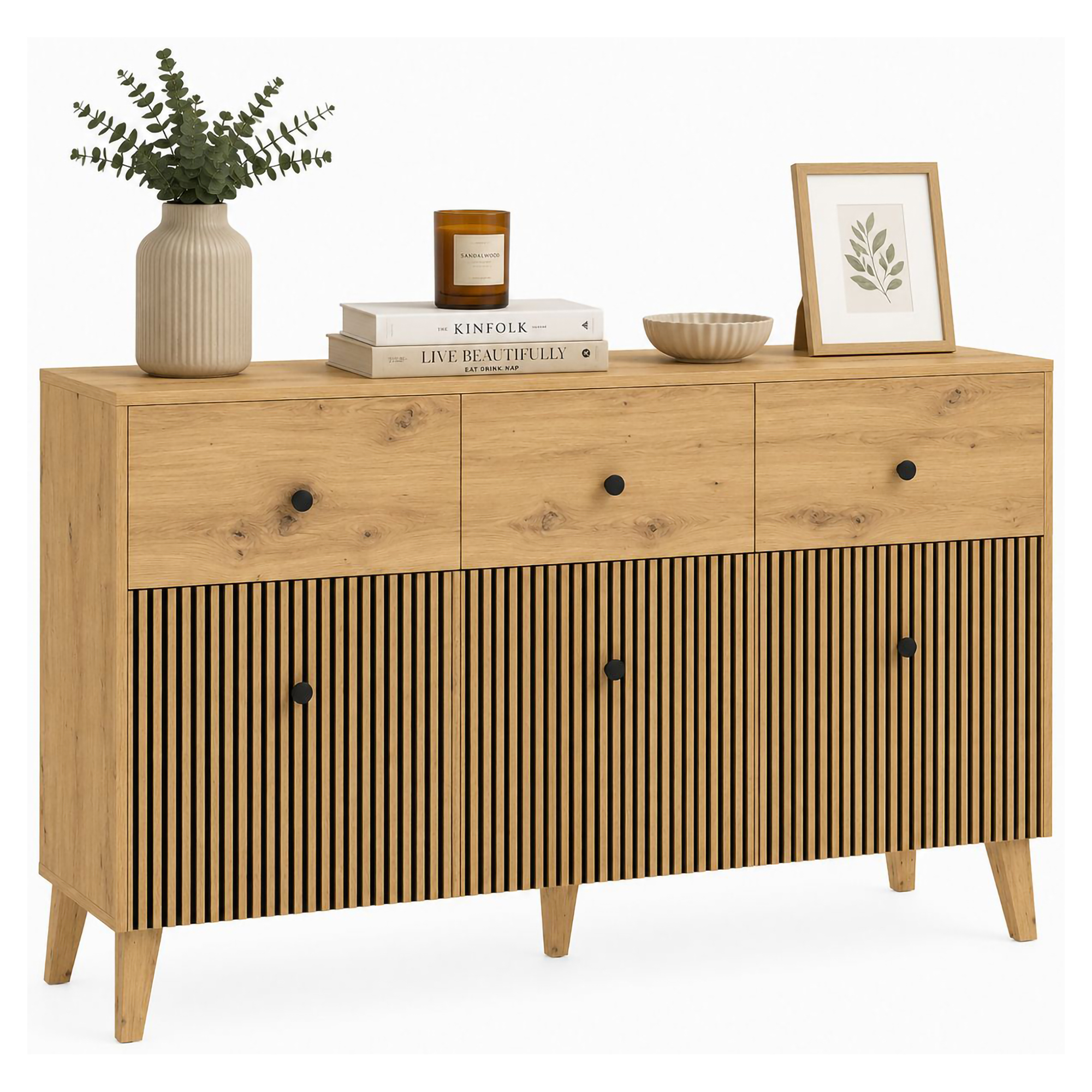 Credenza Marrone Rovere Nero 3 Ripiani 3 Cassetti 135x42x95h cm, 6 Vani - Lepa